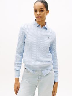 Tommy Hilfiger Fine Cable Knit Crew Neck Jumper, Breezy Blue