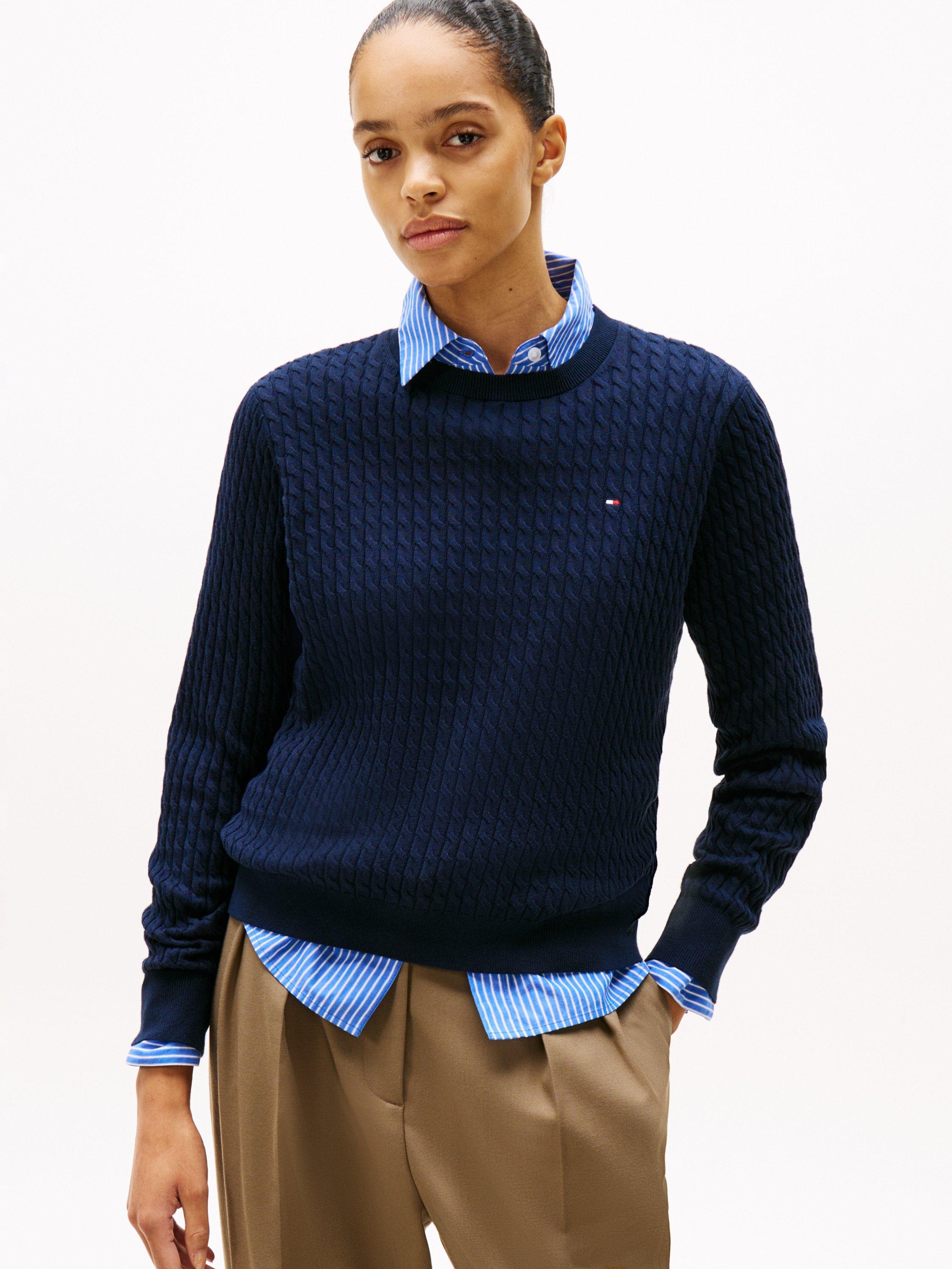 Product image 1 of 6, which shows Tommy Hilfiger Cable Knit Logo Jumper, Dark Night Navy, XS