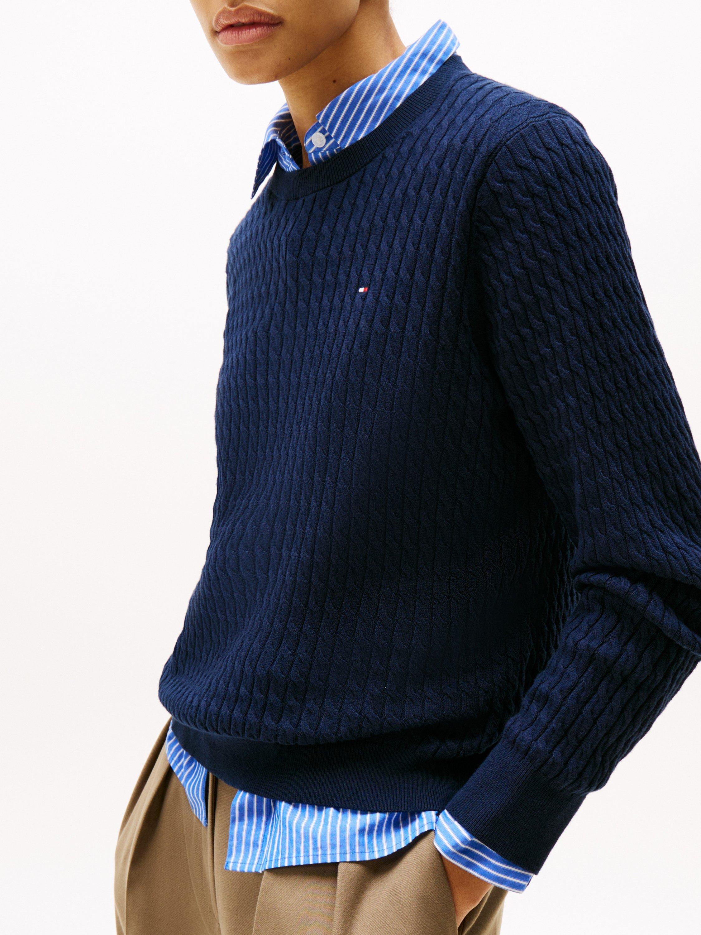 Product image 3 of 6, which shows Tommy Hilfiger Cable Knit Logo Jumper, Dark Night Navy, XS