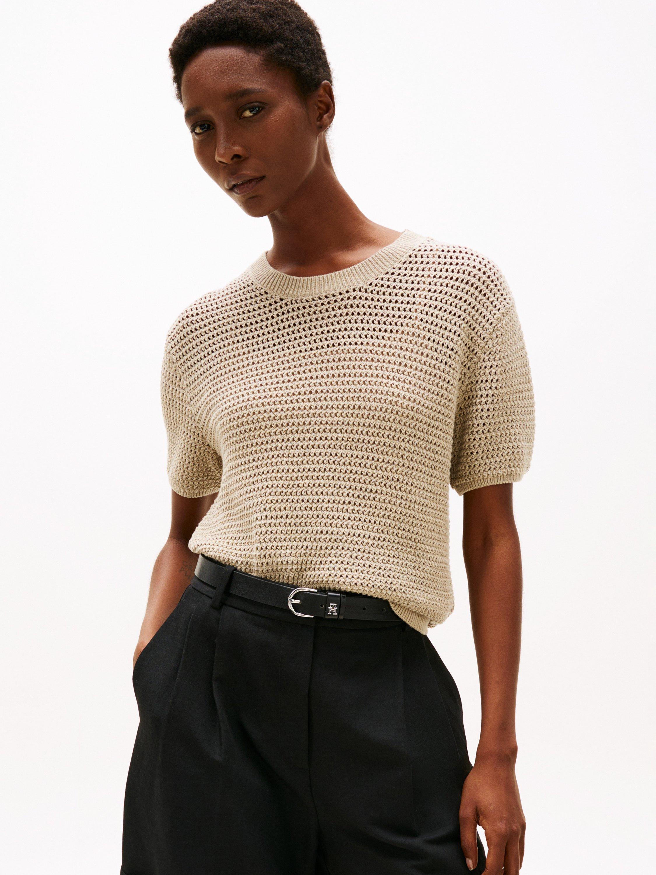 Product image 1 of 6, which shows Tommy Hilfiger Pointelle Crochet Organic Cotton Rich Jumper, Sandalwood, XS