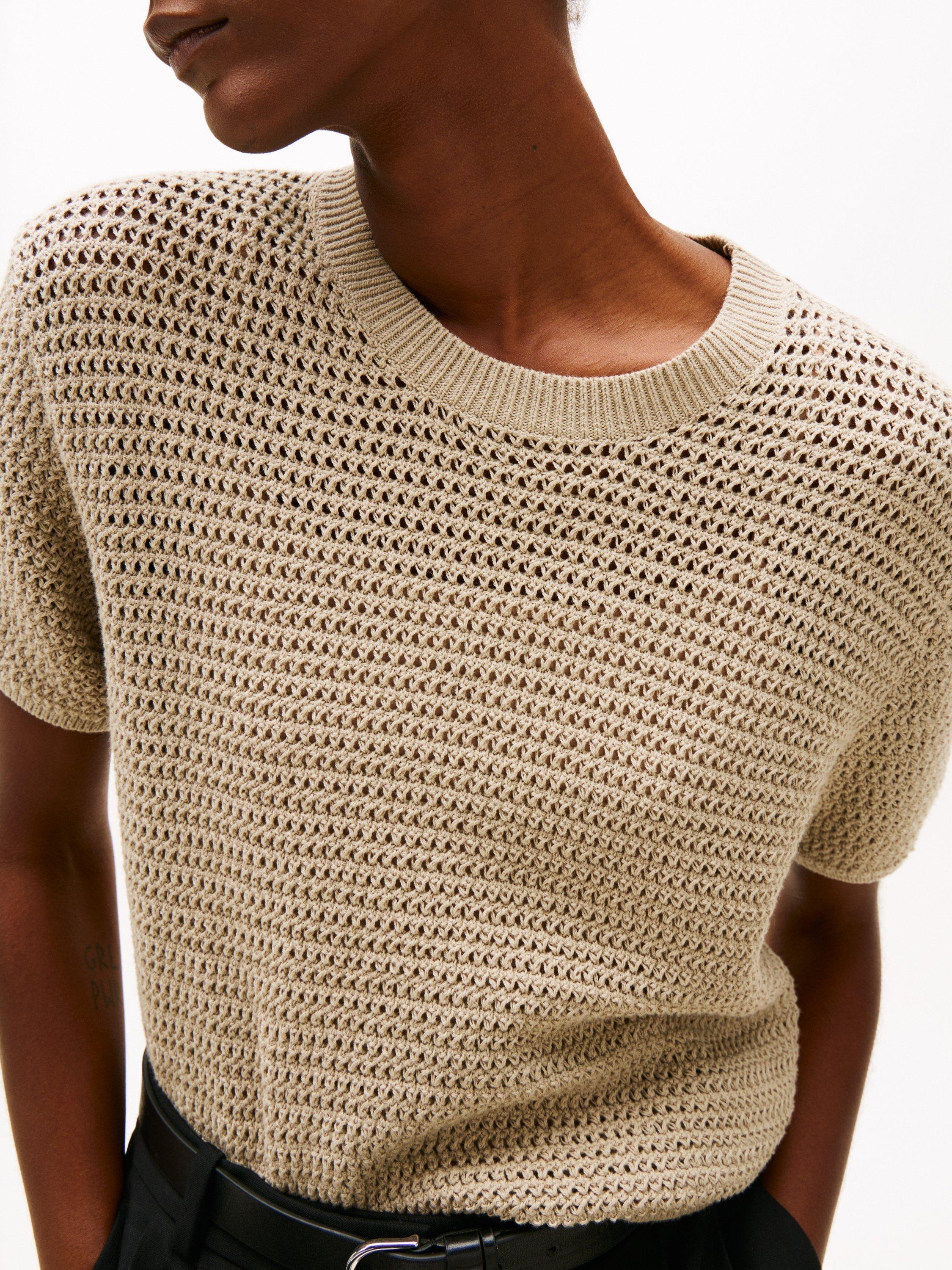 Product image 3 of 6, which shows Tommy Hilfiger Pointelle Crochet Organic Cotton Rich Jumper, Sandalwood, XS