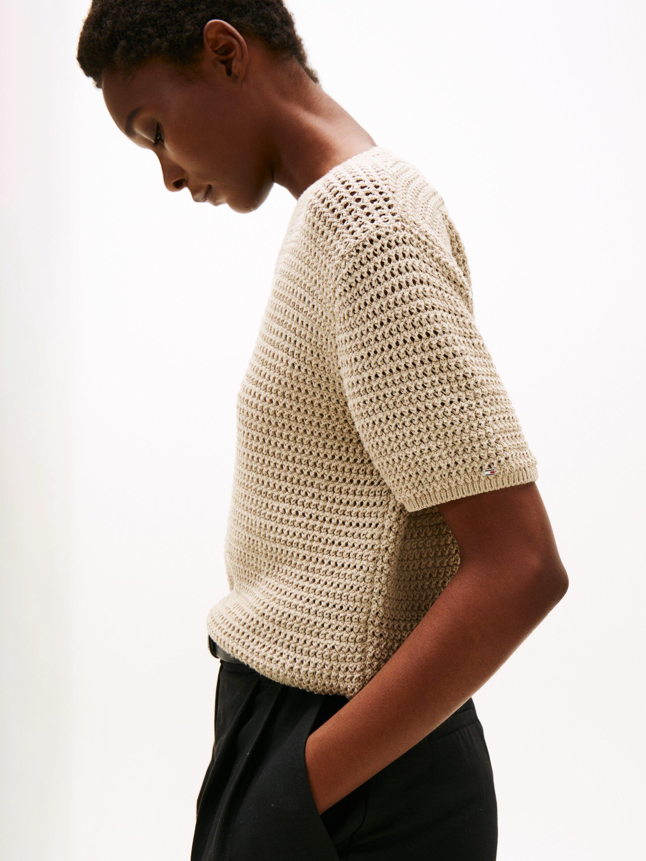 Product image 4 of 6, which shows Tommy Hilfiger Pointelle Crochet Organic Cotton Rich Jumper, Sandalwood, XS