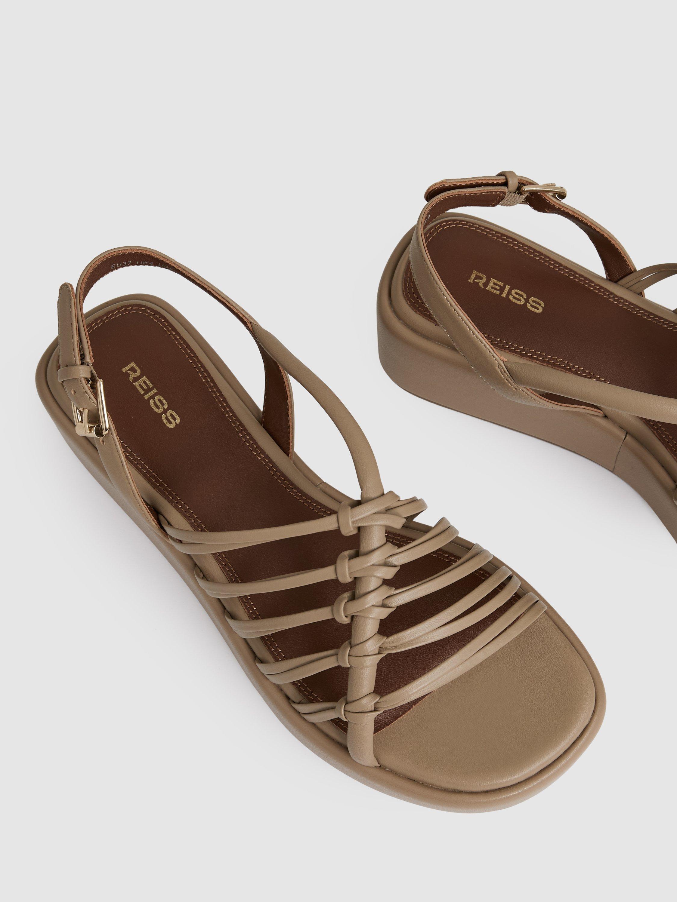 Product image 5 of 5, which shows Reiss Lana Leather Strappy Flatform Sandals, Beige, 7