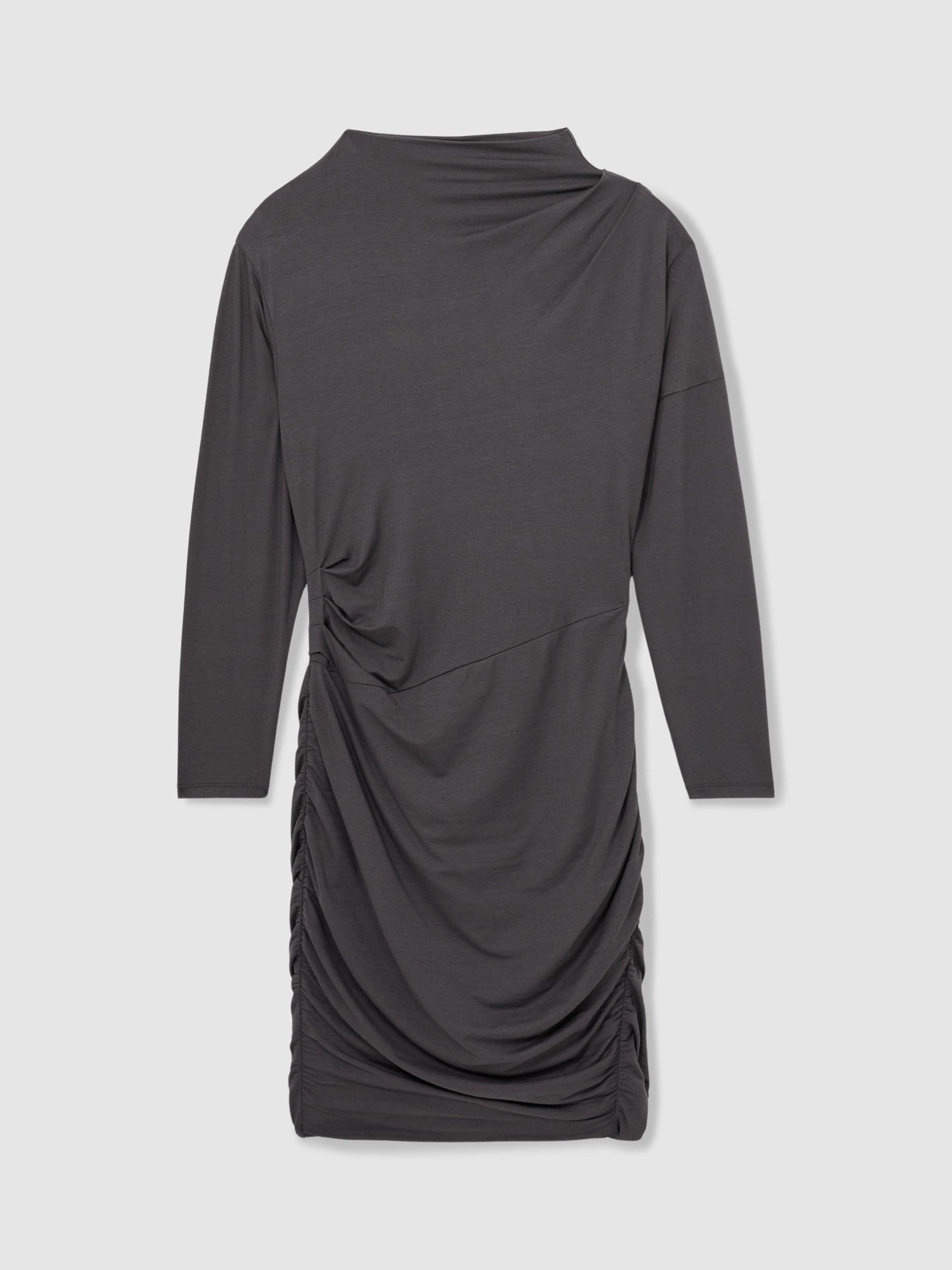 Product image 3 of 5, which shows Reiss Ari Ruched Jersey Mini Dress, Charcoal, XS