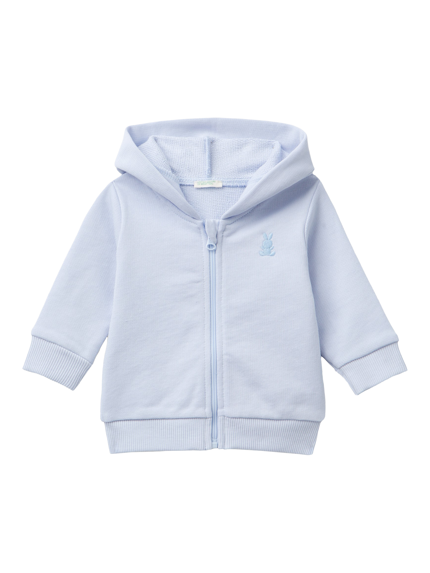 Product image 1 of 3, which shows Benetton Baby 3D Ears Hooded Zipped Sweatshirt, Light Blue Powder, 1-3 months