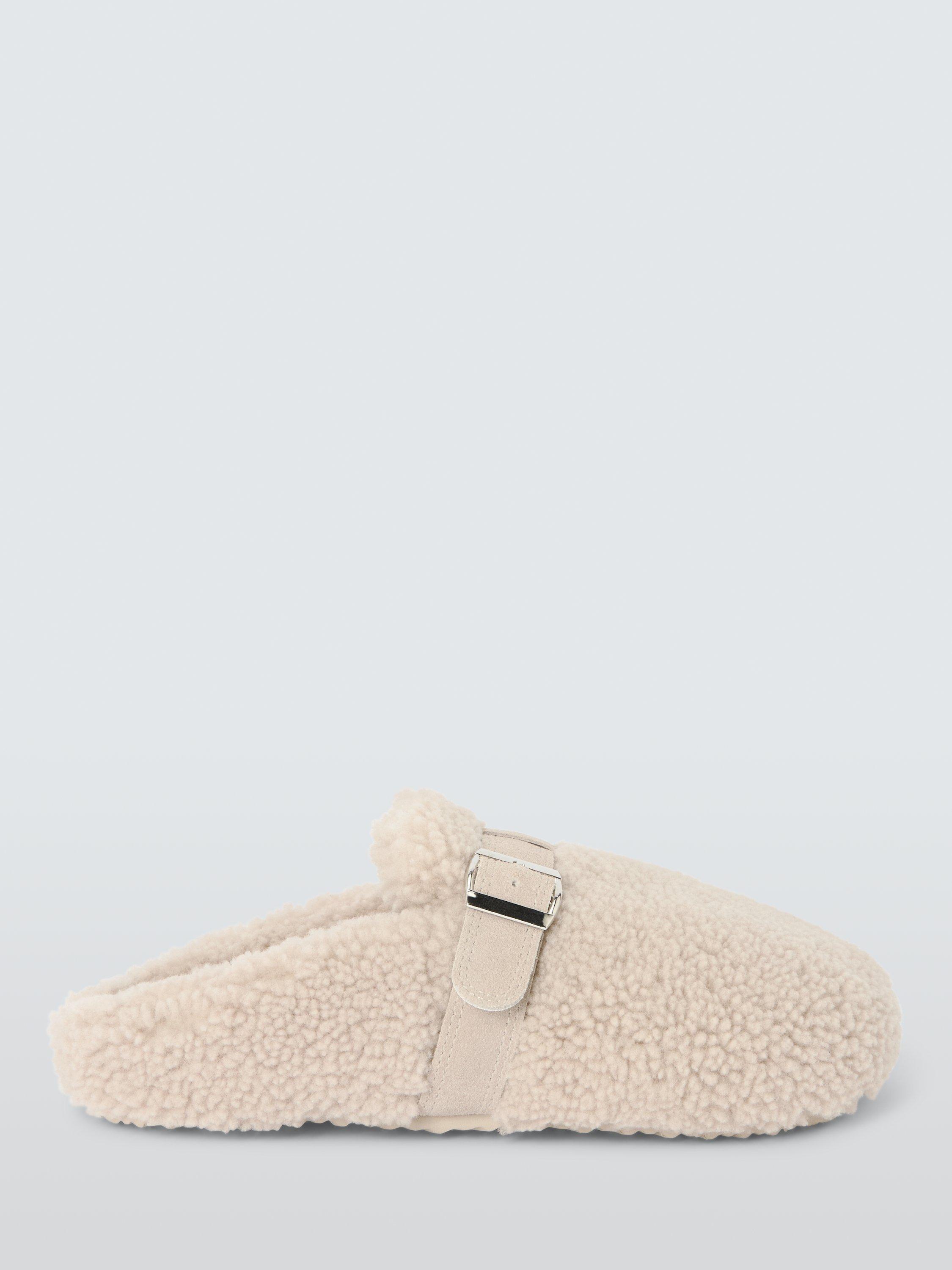 Product image 1 of 5, which shows John Lewis Curly Shearling Borg Buckle Strap Clogs, Taupe, 3