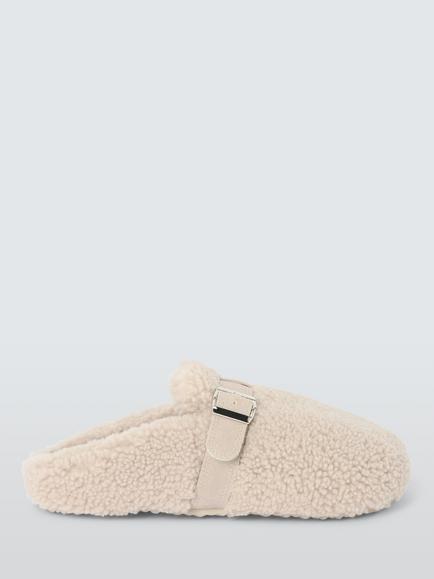 John Lewis Curly Shearling Borg Buckle Strap Clogs, Taupe, Taupe