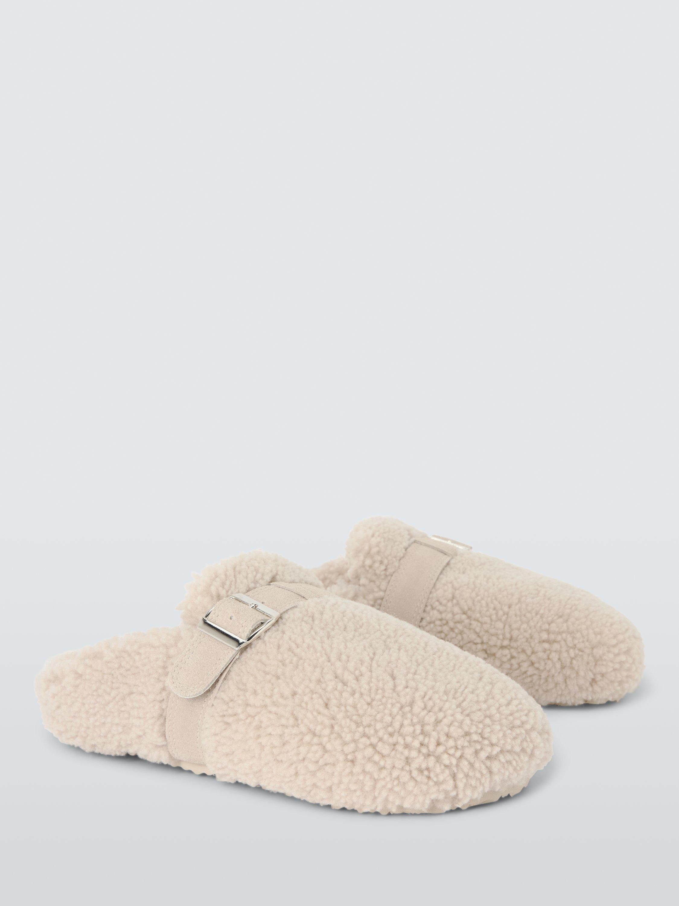 Product image 3 of 5, which shows John Lewis Curly Shearling Borg Buckle Strap Clogs, Taupe, 3