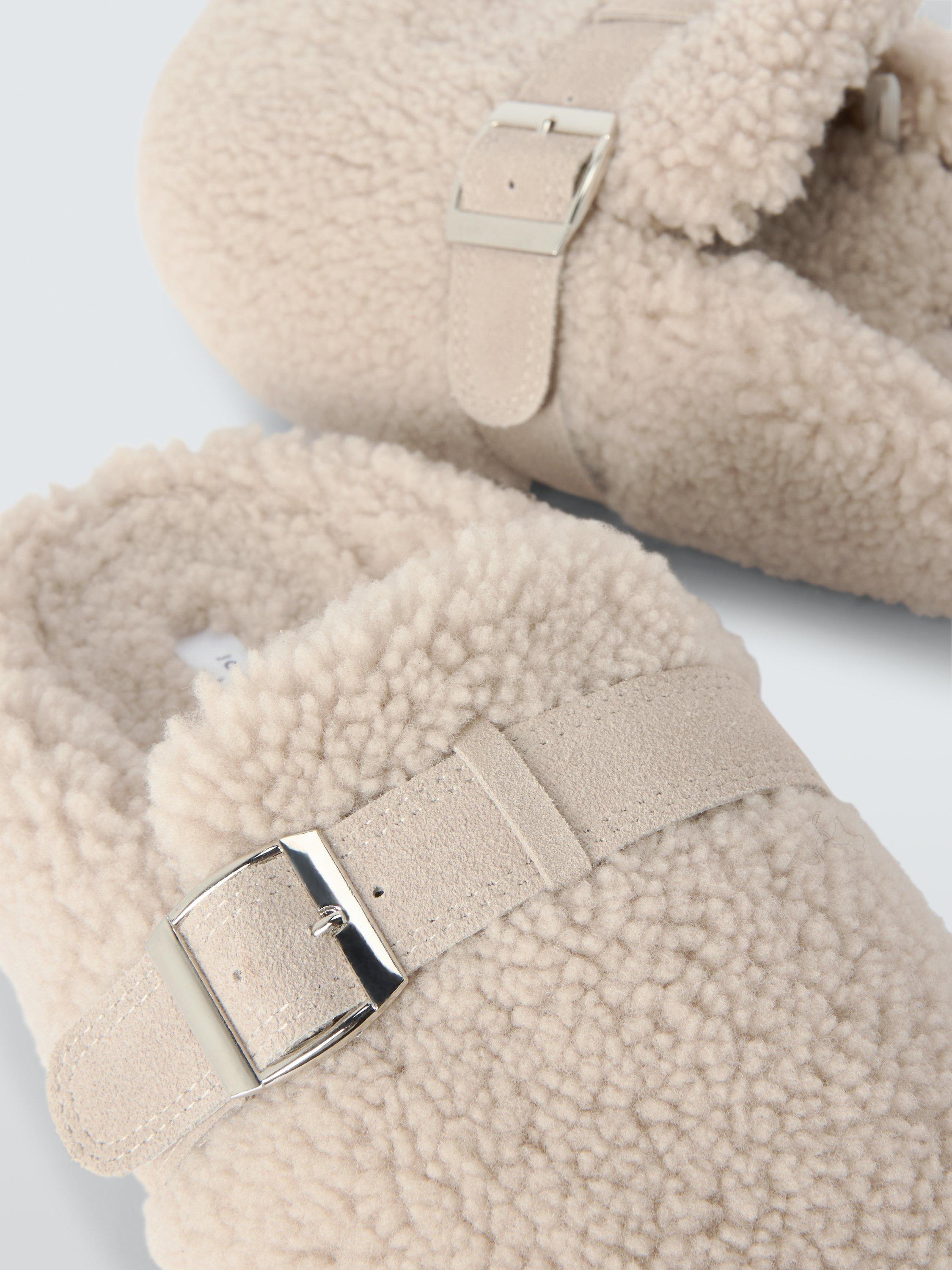 Product image 4 of 5, which shows John Lewis Curly Shearling Borg Buckle Strap Clogs, Taupe, 3