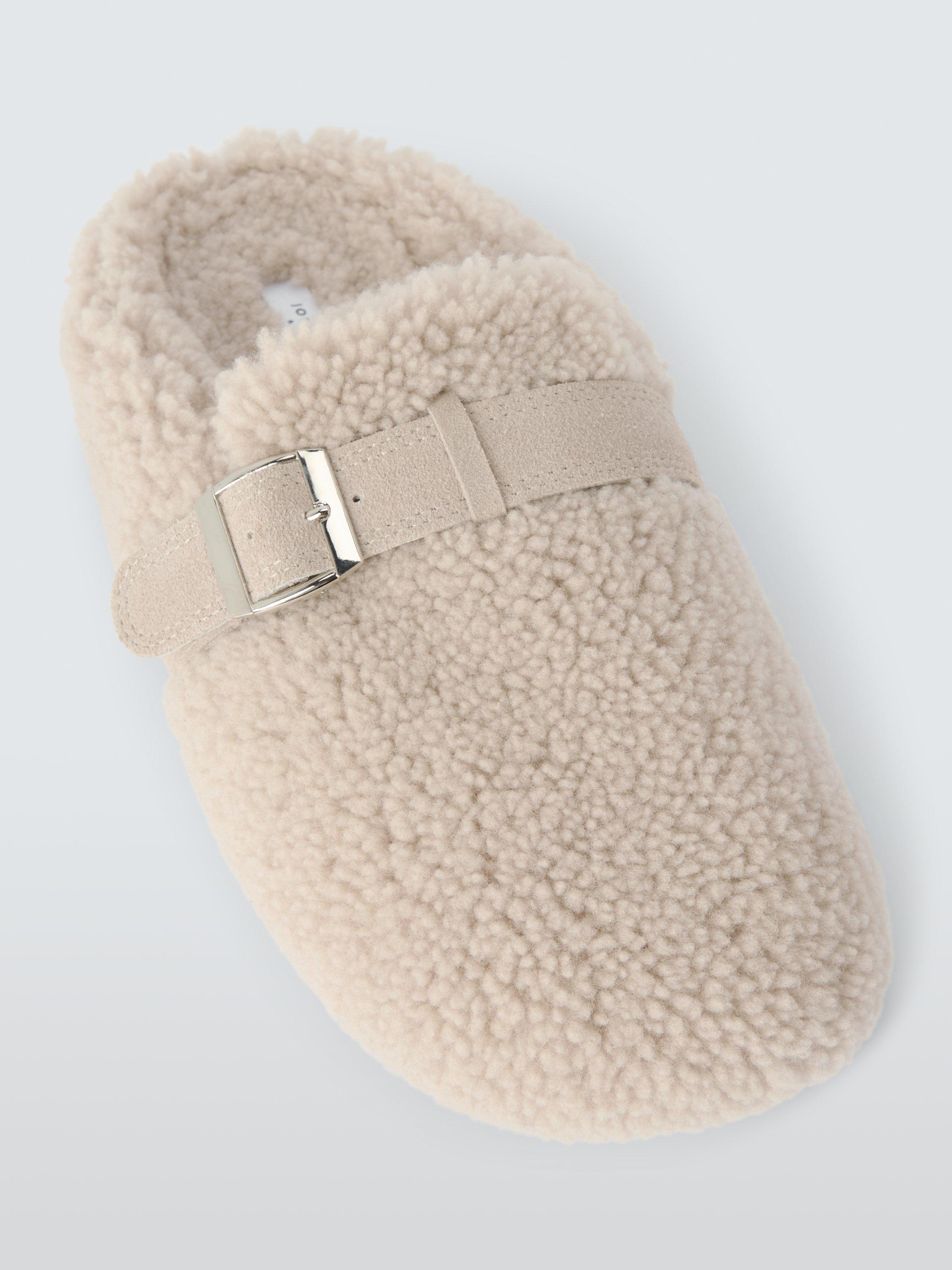 Product image 5 of 5, which shows John Lewis Curly Shearling Borg Buckle Strap Clogs, Taupe, 3
