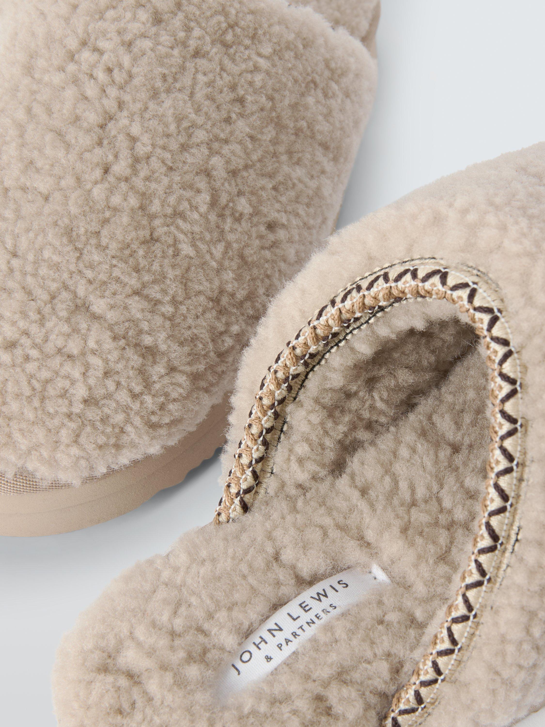 Product image 4 of 5, which shows John Lewis Curly Shearling Trim Mule Slippers, Taupe, 3