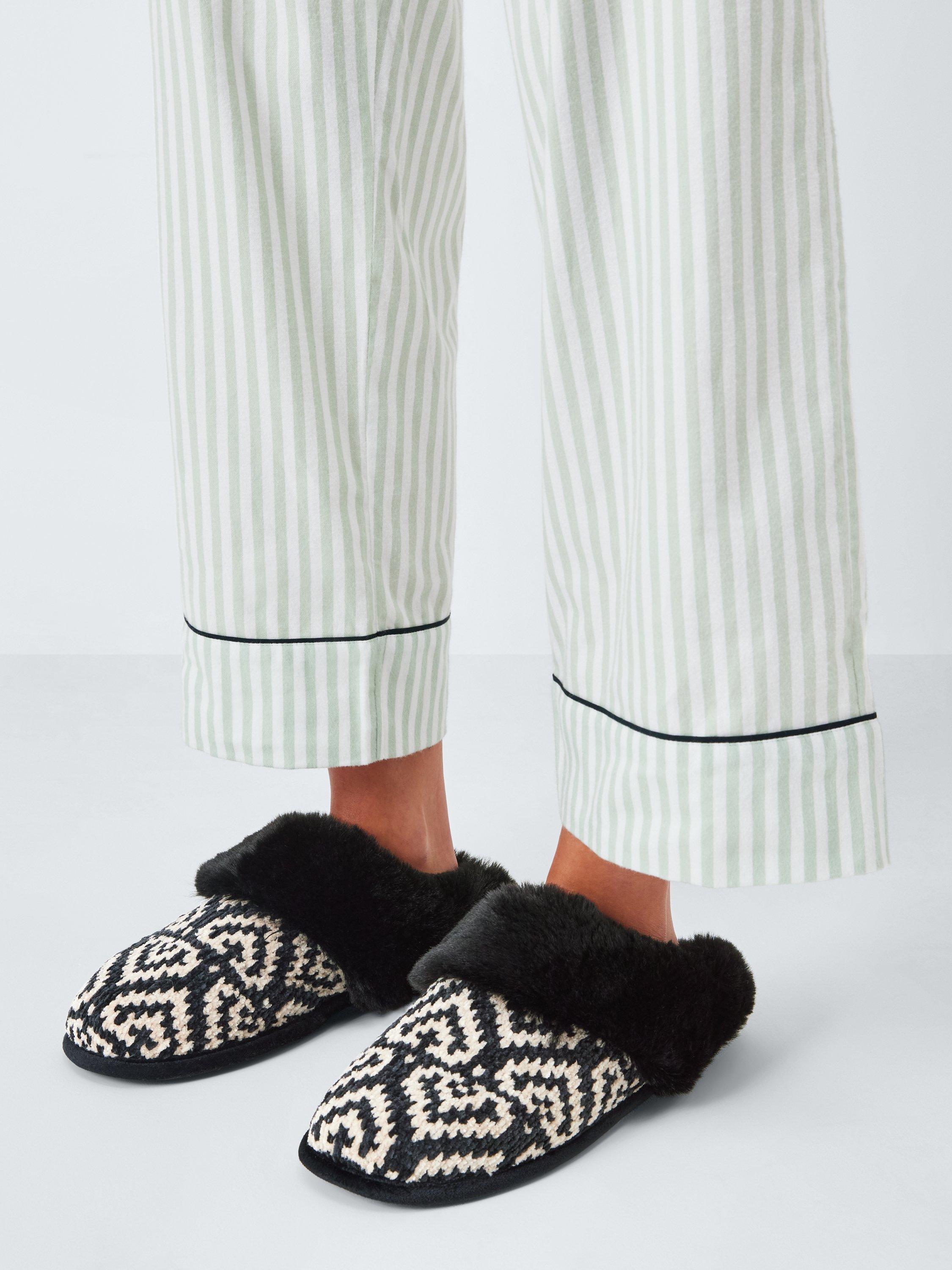 Product image 2 of 5, which shows John Lewis Chenille Monochrome Mule Slippers, Black/White, S