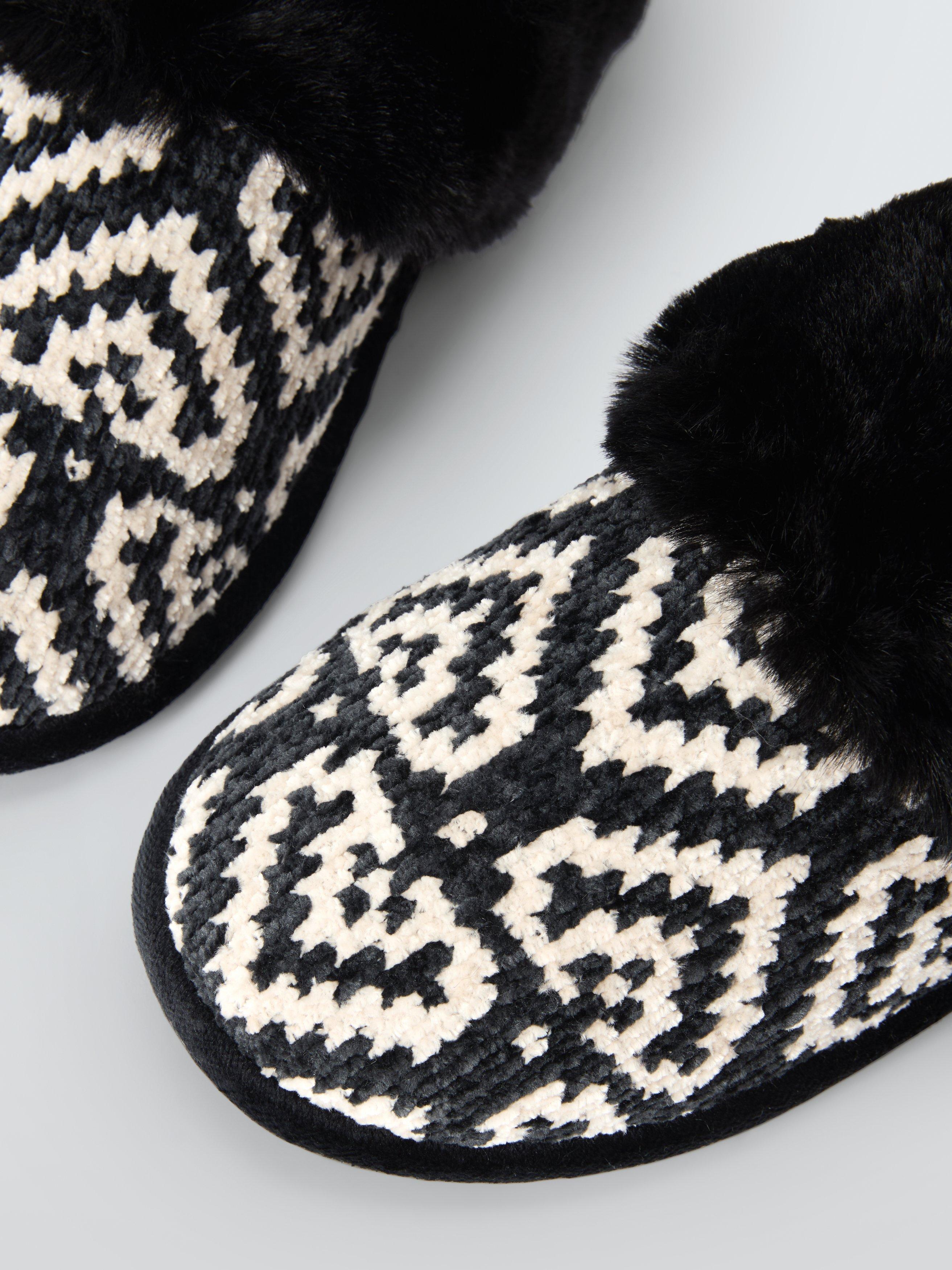 Product image 4 of 5, which shows John Lewis Chenille Monochrome Mule Slippers, Black/White, S