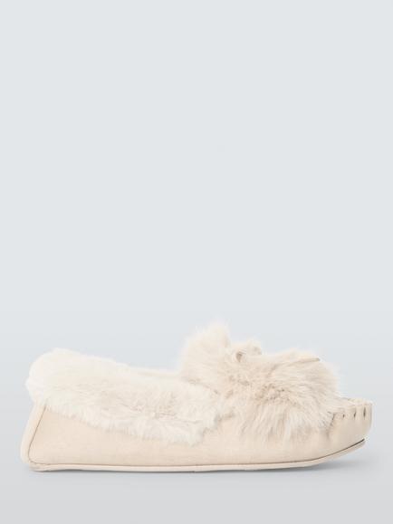 John Lewis Faux Fur Tab Moccasin Slippers, Beige