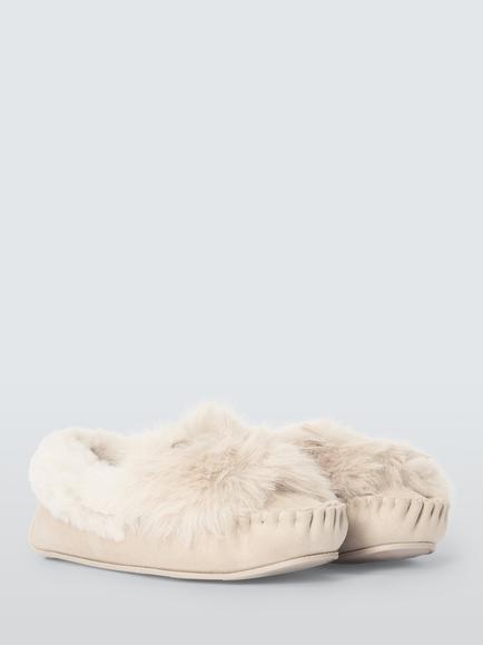 John Lewis Faux Fur Tab Moccasin Slippers - view 2, Beige