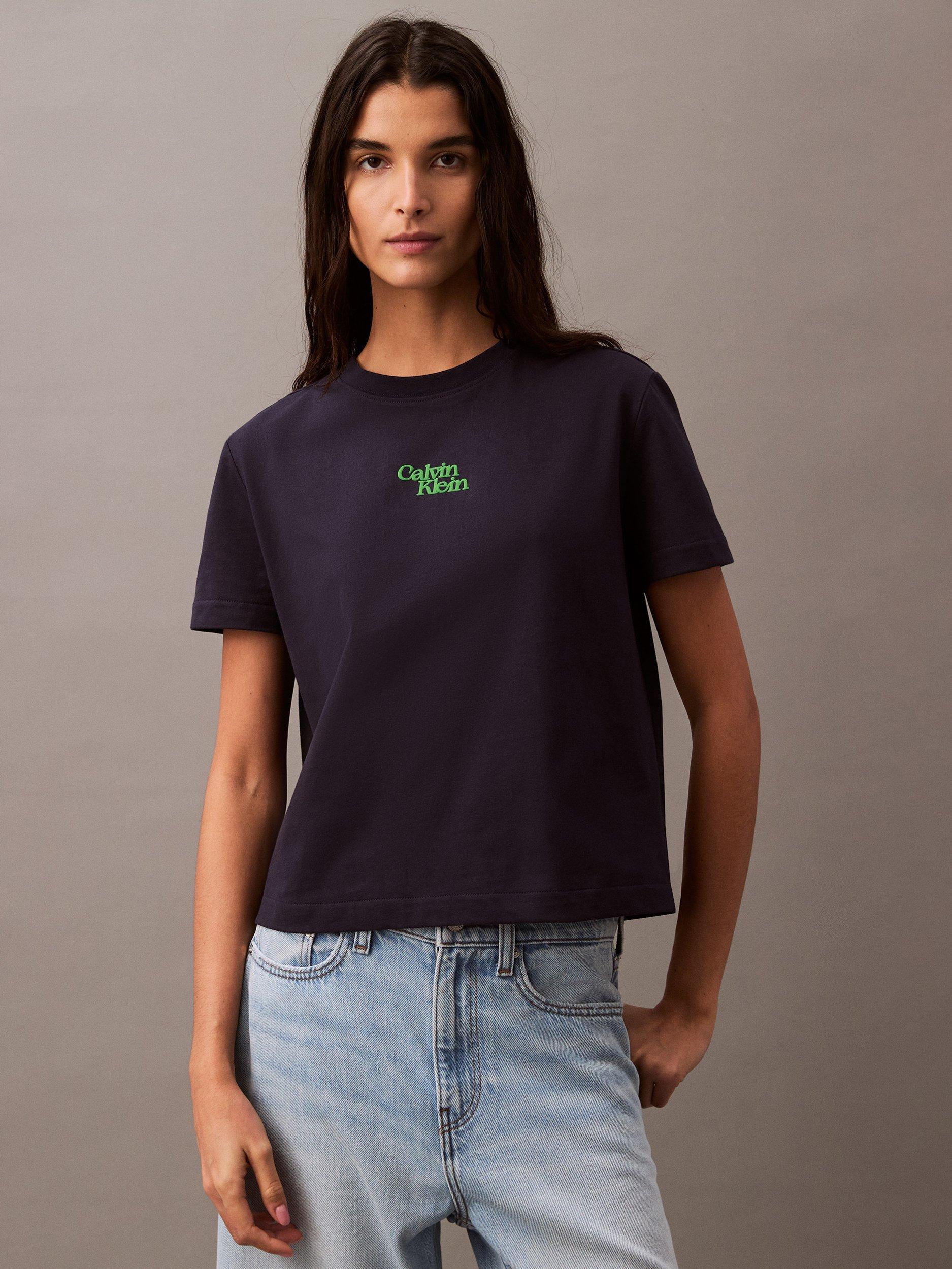 Product image 1 of 5, which shows Calvin Klein Script Logo Crew Neck T-Shirt, Baritone Blue, XS