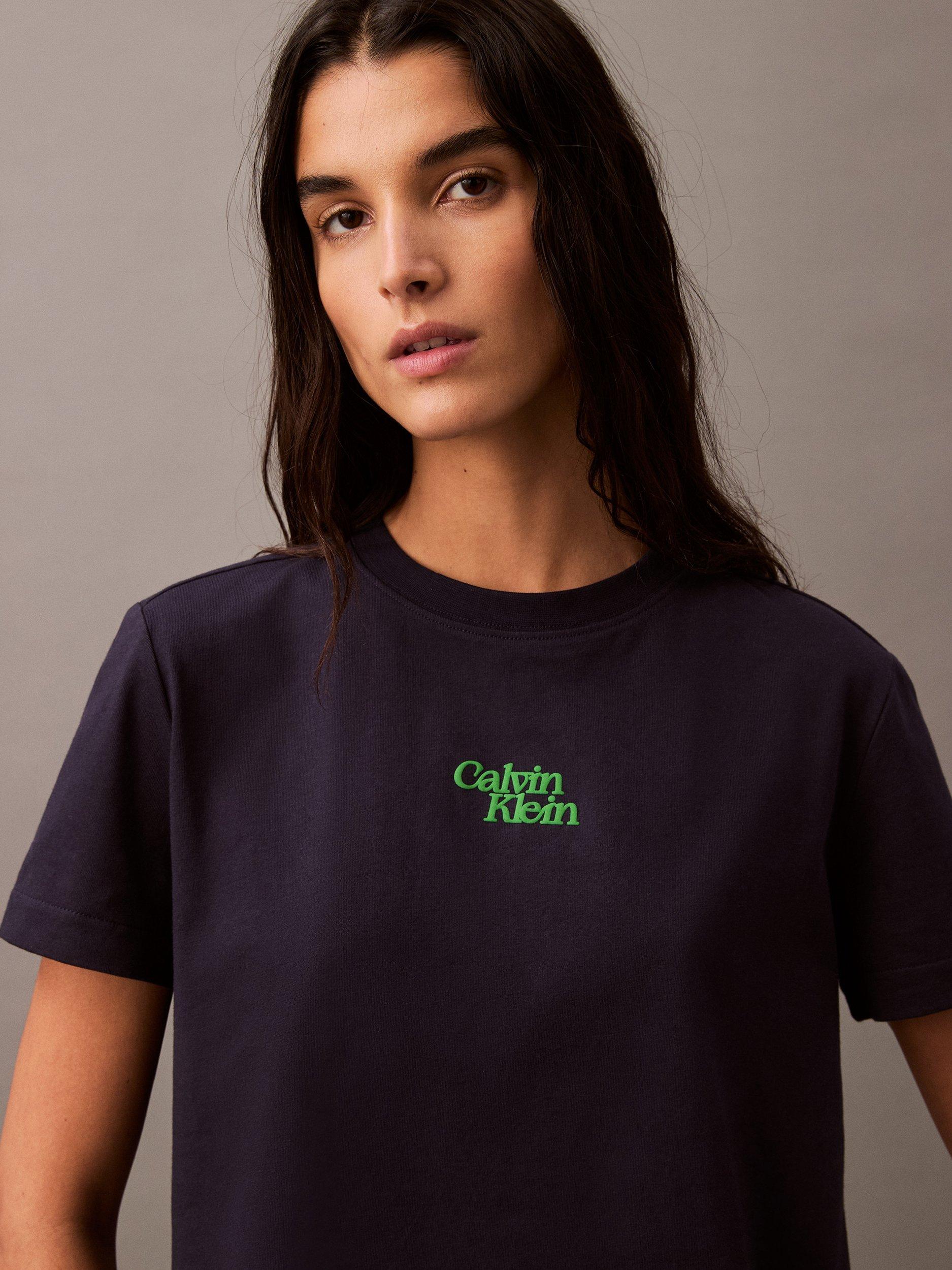 Product image 4 of 5, which shows Calvin Klein Script Logo Crew Neck T-Shirt, Baritone Blue, XS
