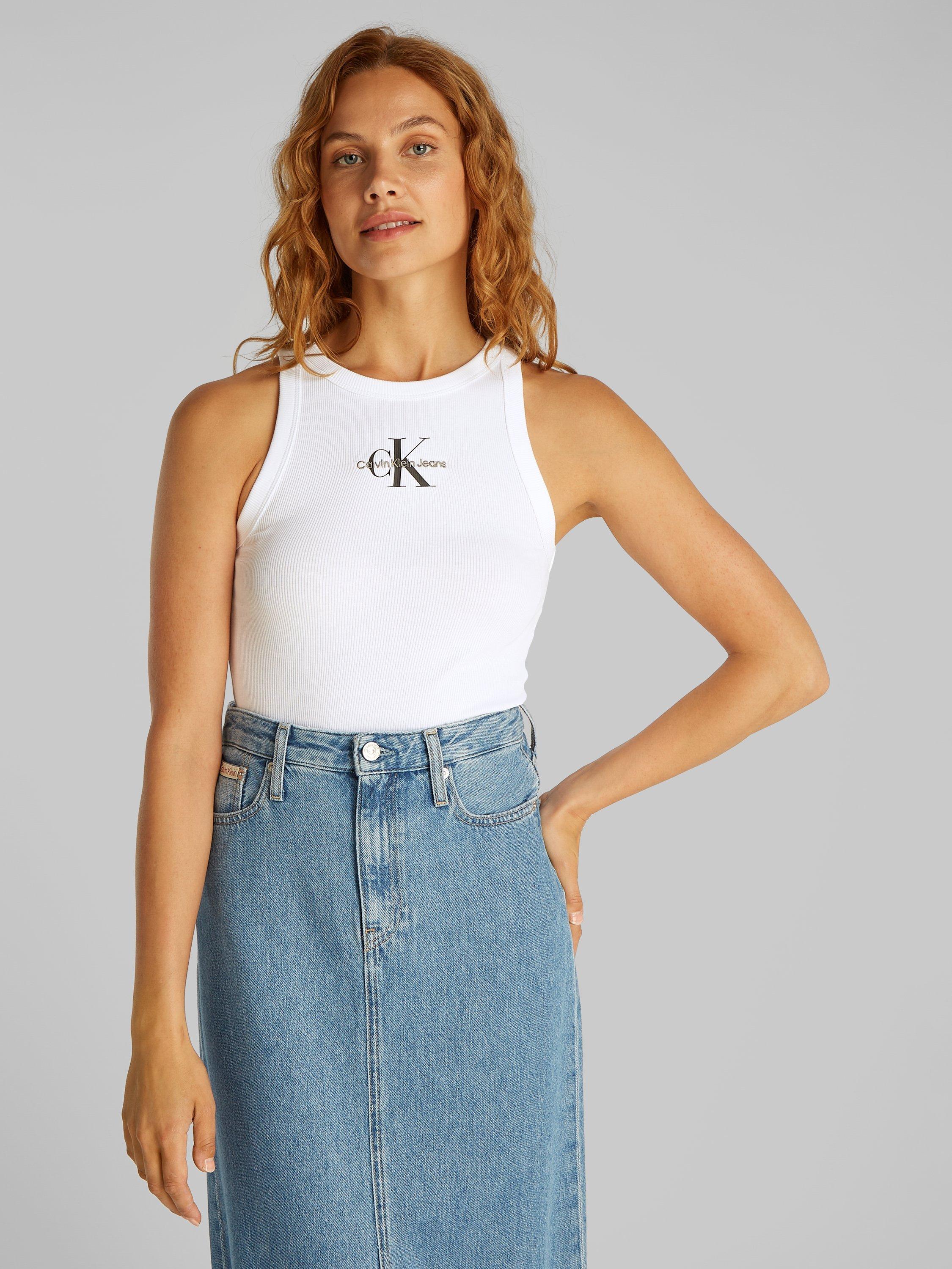 Product image 1 of 6, which shows Calvin Klein Monogram Logo Rib Tank Top, White, XS