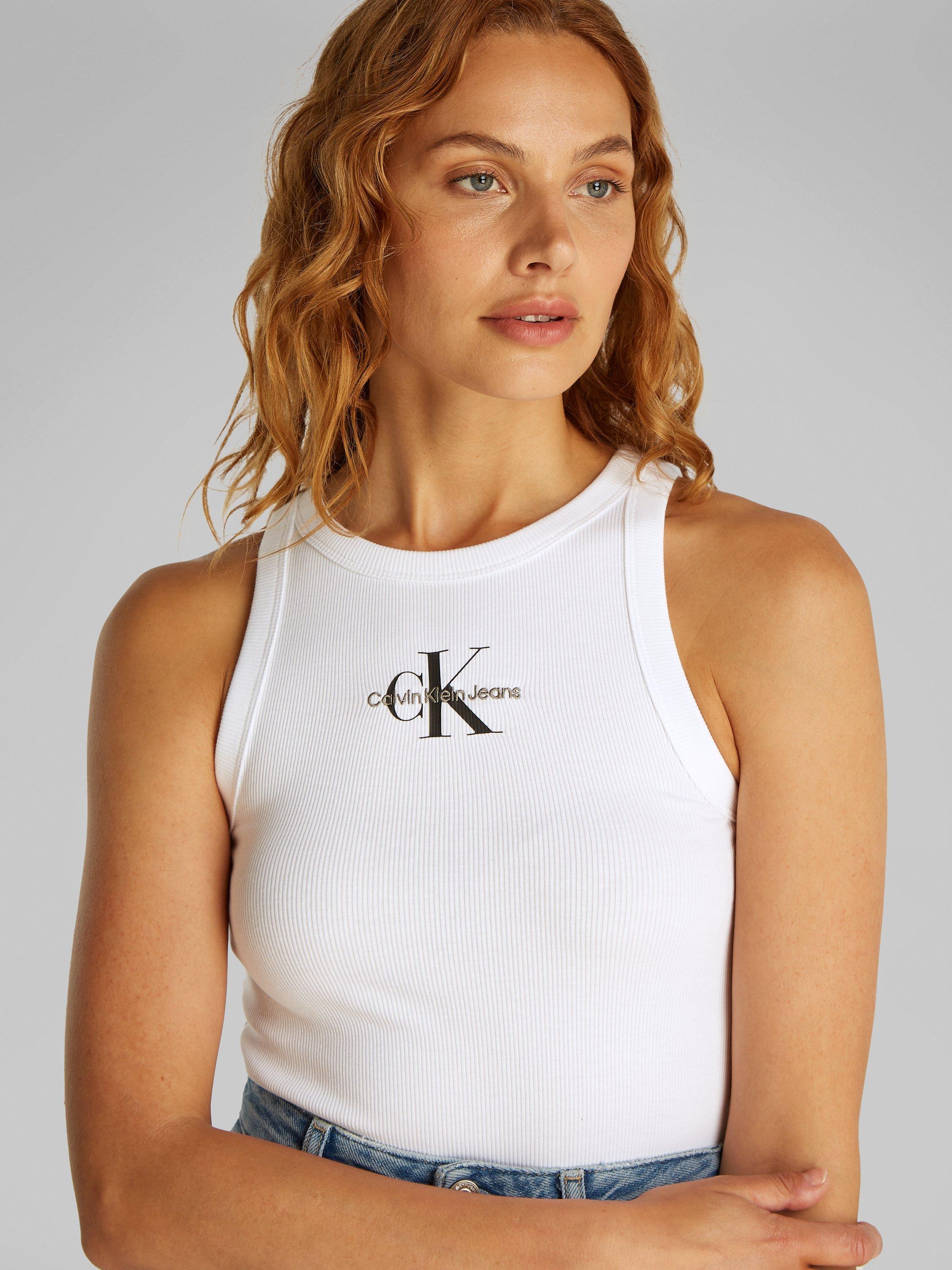 Product image 4 of 6, which shows Calvin Klein Monogram Logo Rib Tank Top, White, XS