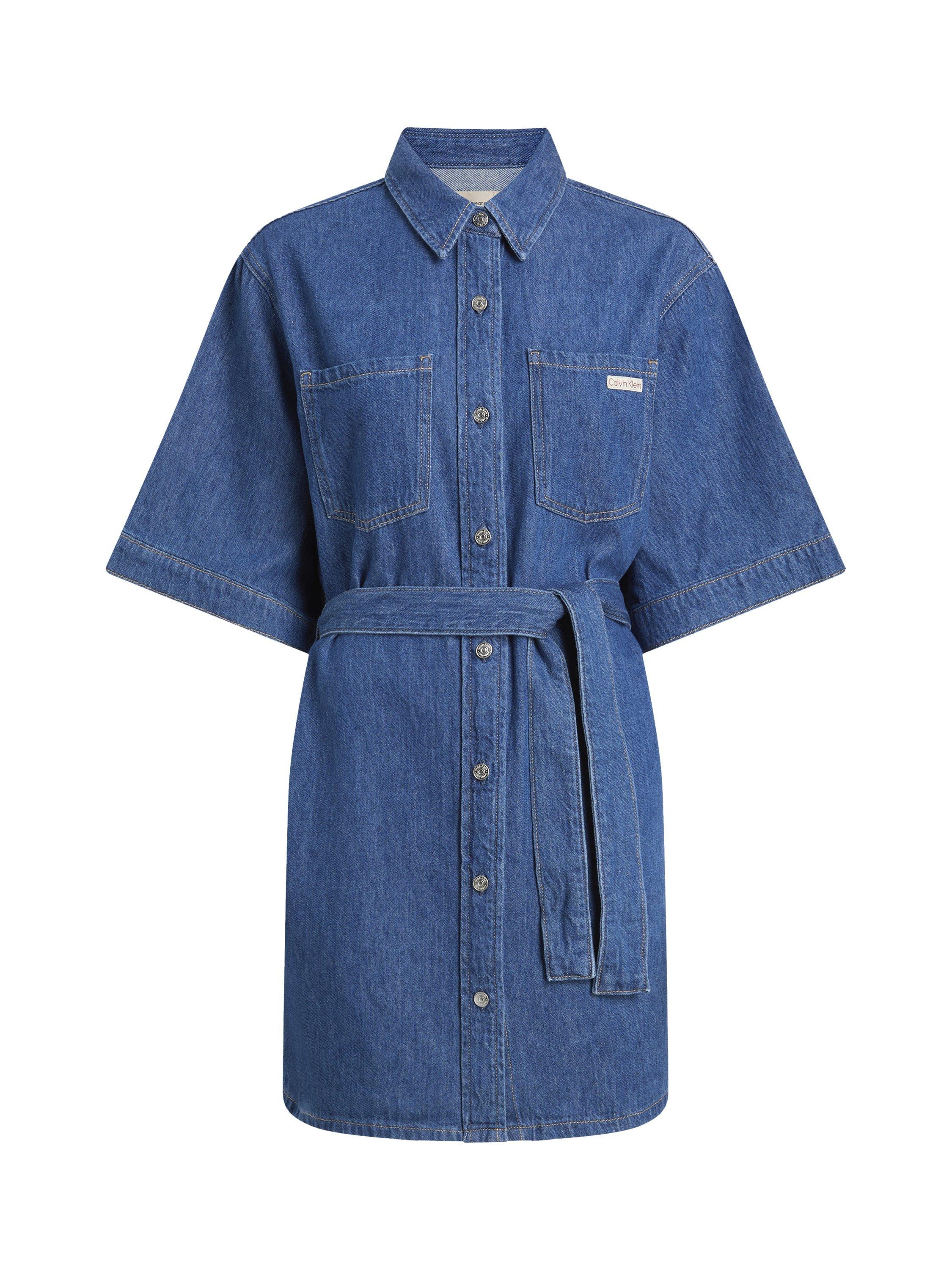 Product image 5 of 7, which shows Calvin Klein Boxy Denim Mini Shirt Dress, Medium Blue, XS