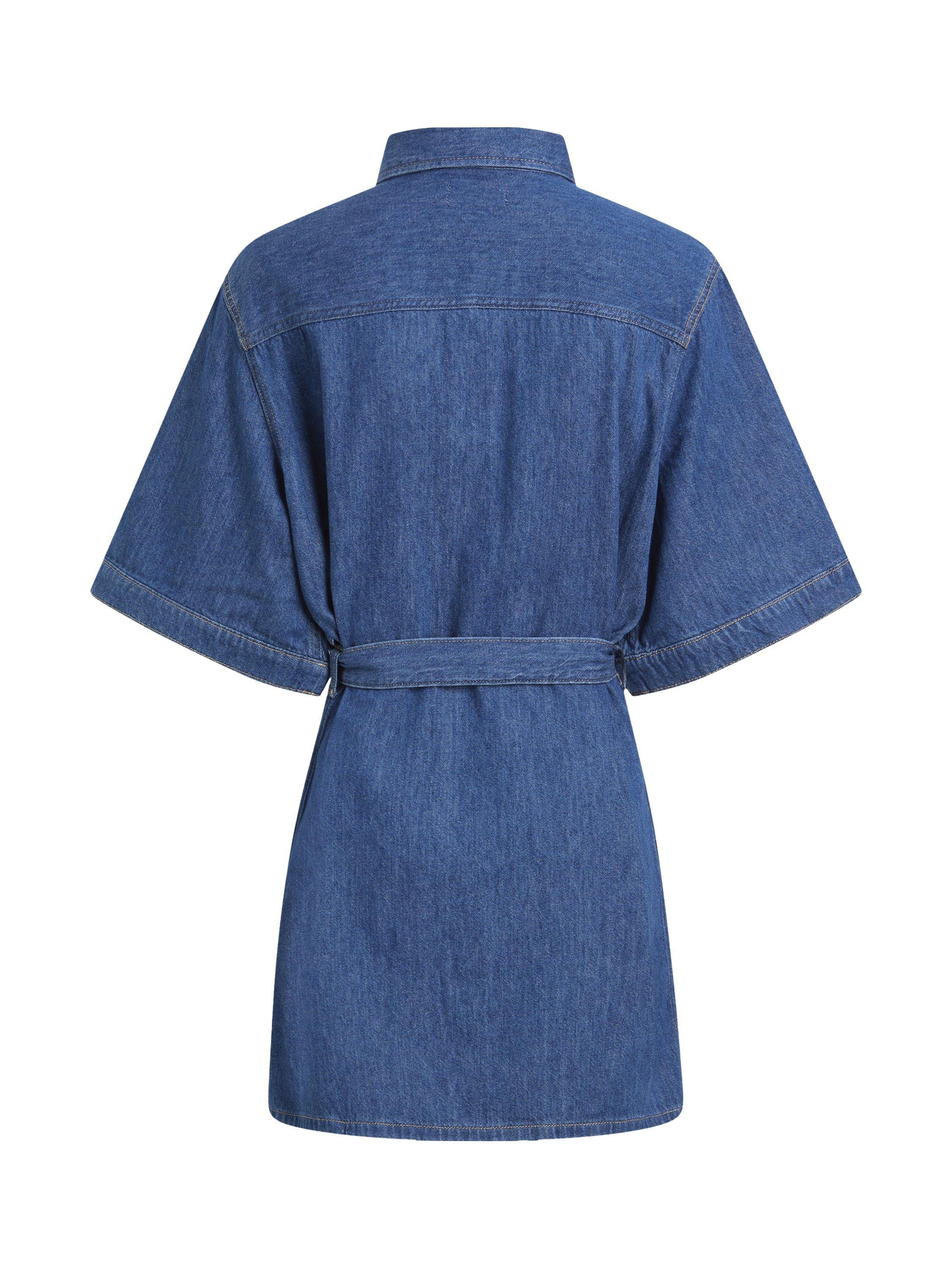 Product image 6 of 7, which shows Calvin Klein Boxy Denim Mini Shirt Dress, Medium Blue, XS