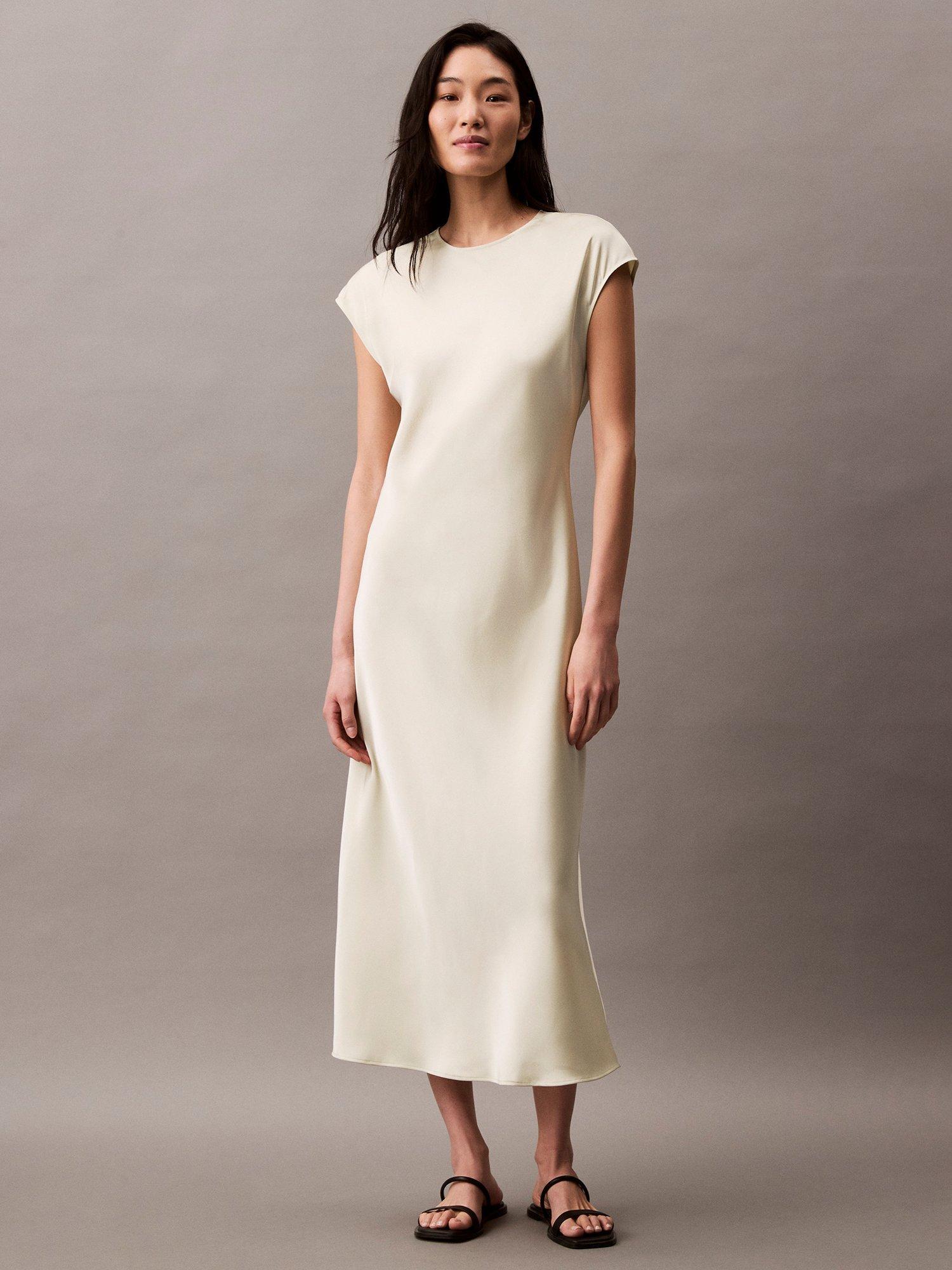 Product image 1 of 7, which shows Calvin Klein Matte Shine Satin Sheath Dress, Aloe Wash, 8