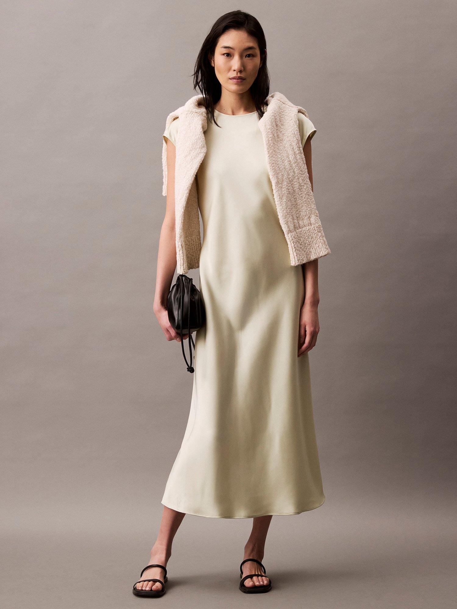 Product image 3 of 7, which shows Calvin Klein Matte Shine Satin Sheath Dress, Aloe Wash, 8
