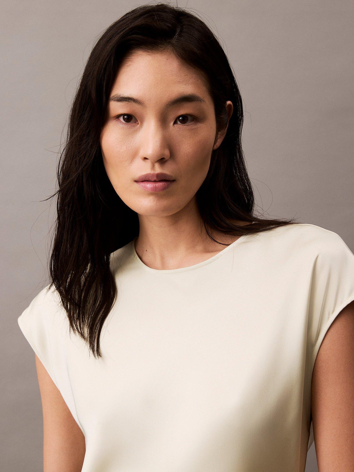 Product image 6 of 7, which shows Calvin Klein Matte Shine Satin Sheath Dress, Aloe Wash, 8
