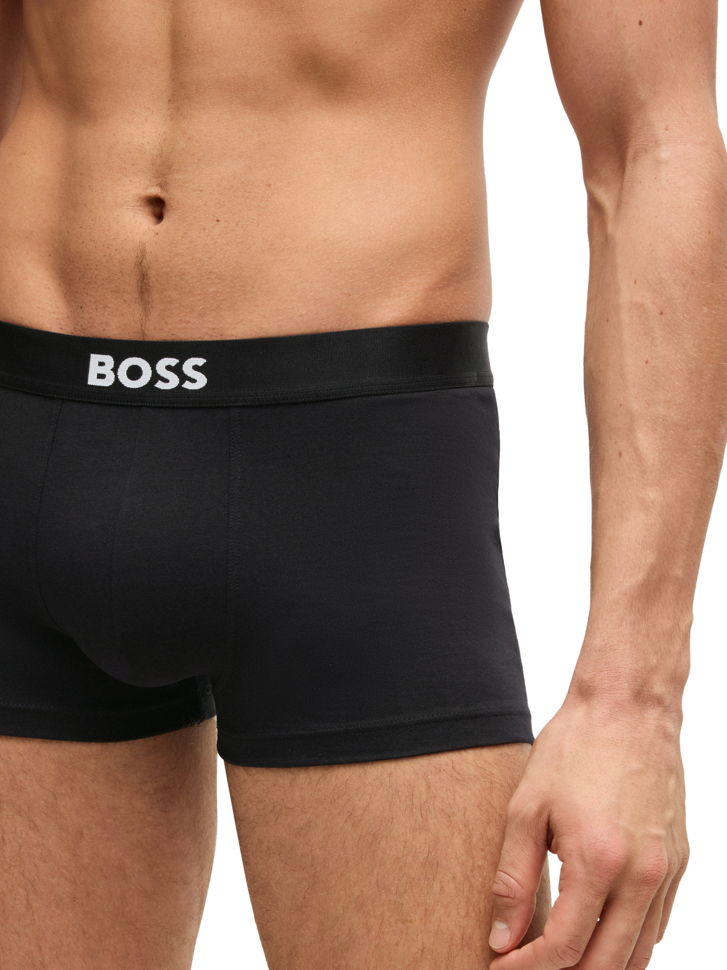 Product image 4 of 5, which shows BOSS Stretch Cotton Logo Waistband Trunks, Pack of 3, Black, L