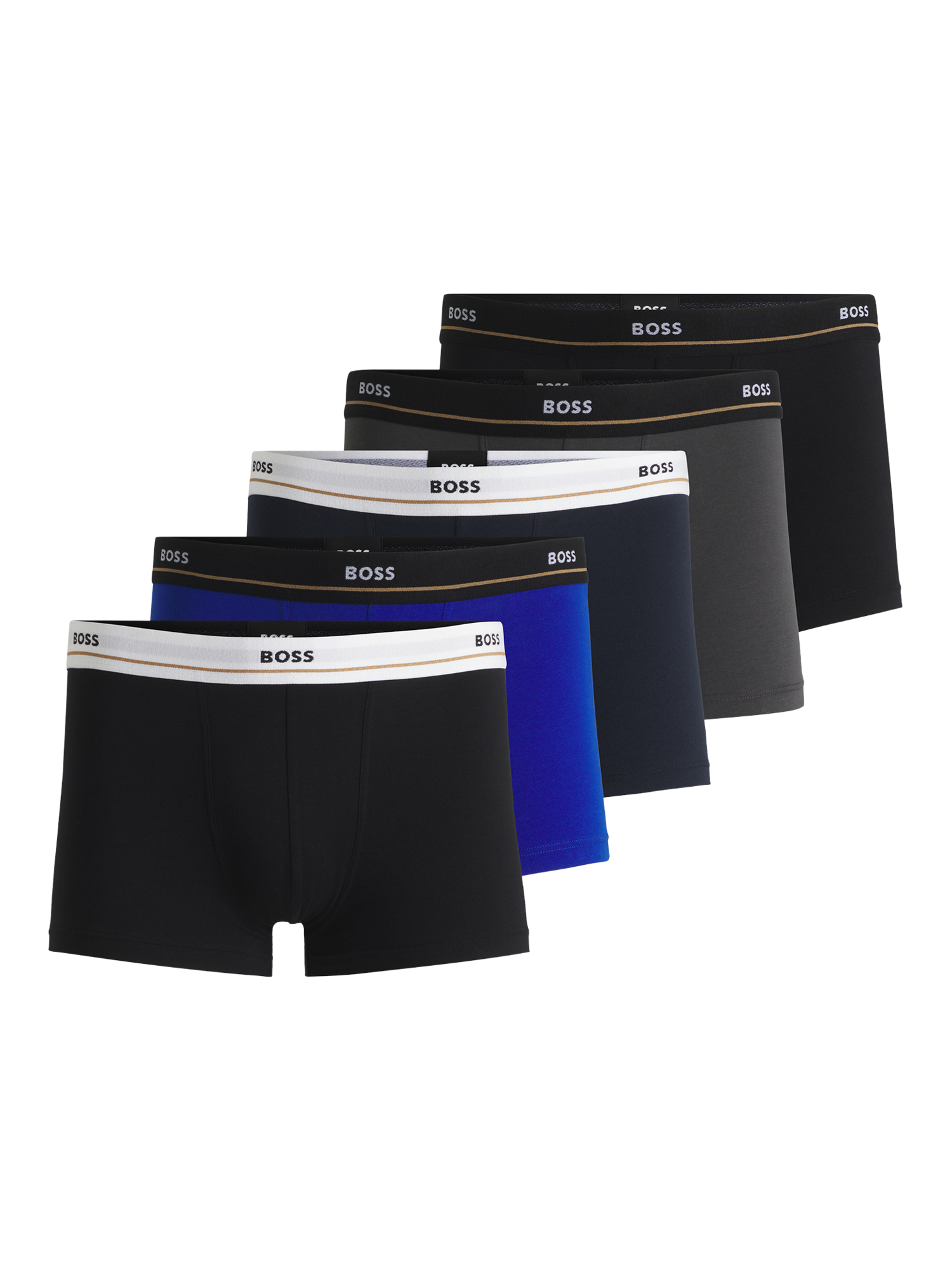 Product image 1 of 7, which shows BOSS Stretch Cotton Logo Waistband Trunks, Pack of 5, Multi, L