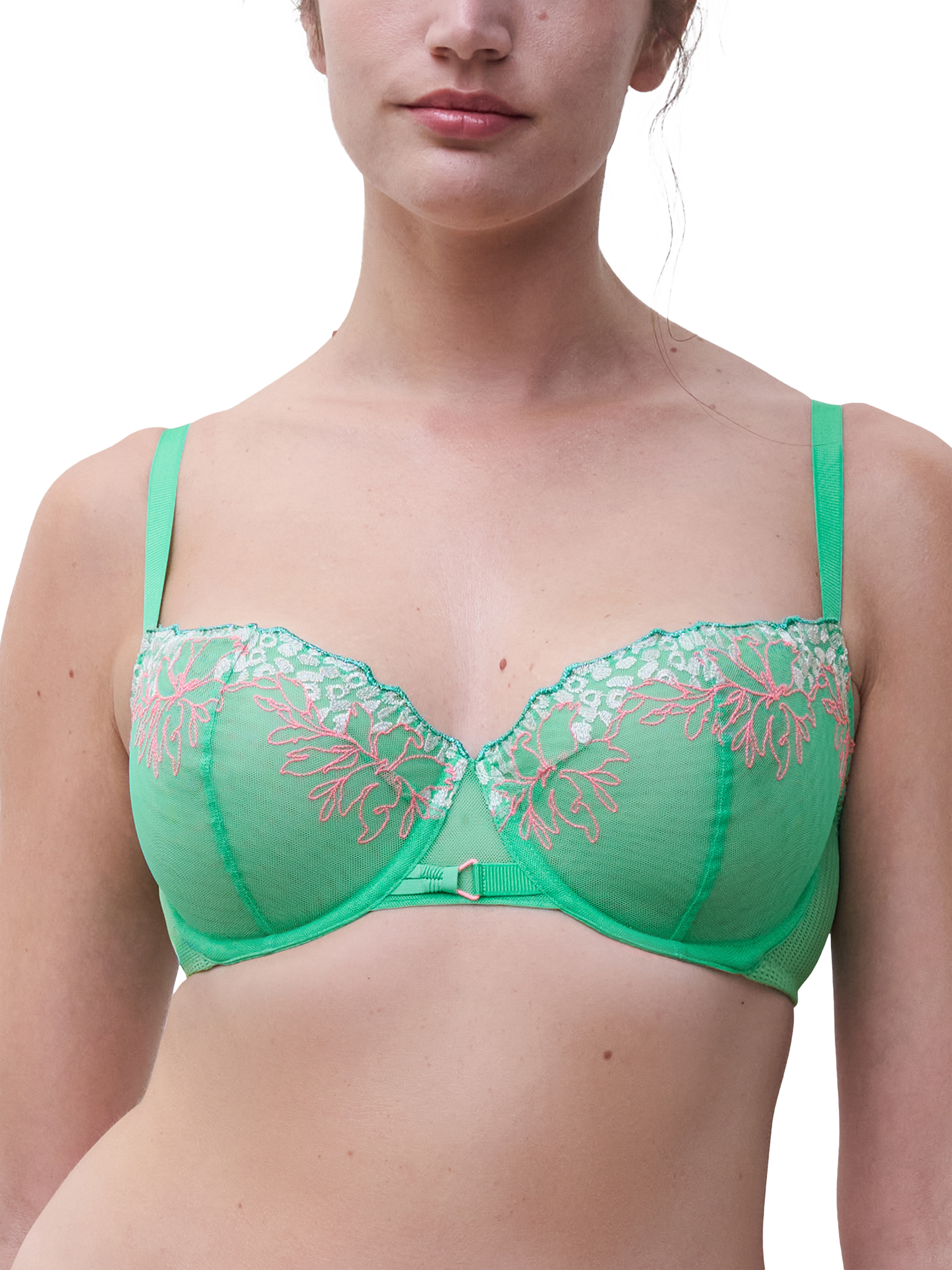 Product image 1 of 4, which shows Chantelle Spice Animal and Floral Embroidered Half Cup Bra, Aqua, 32D