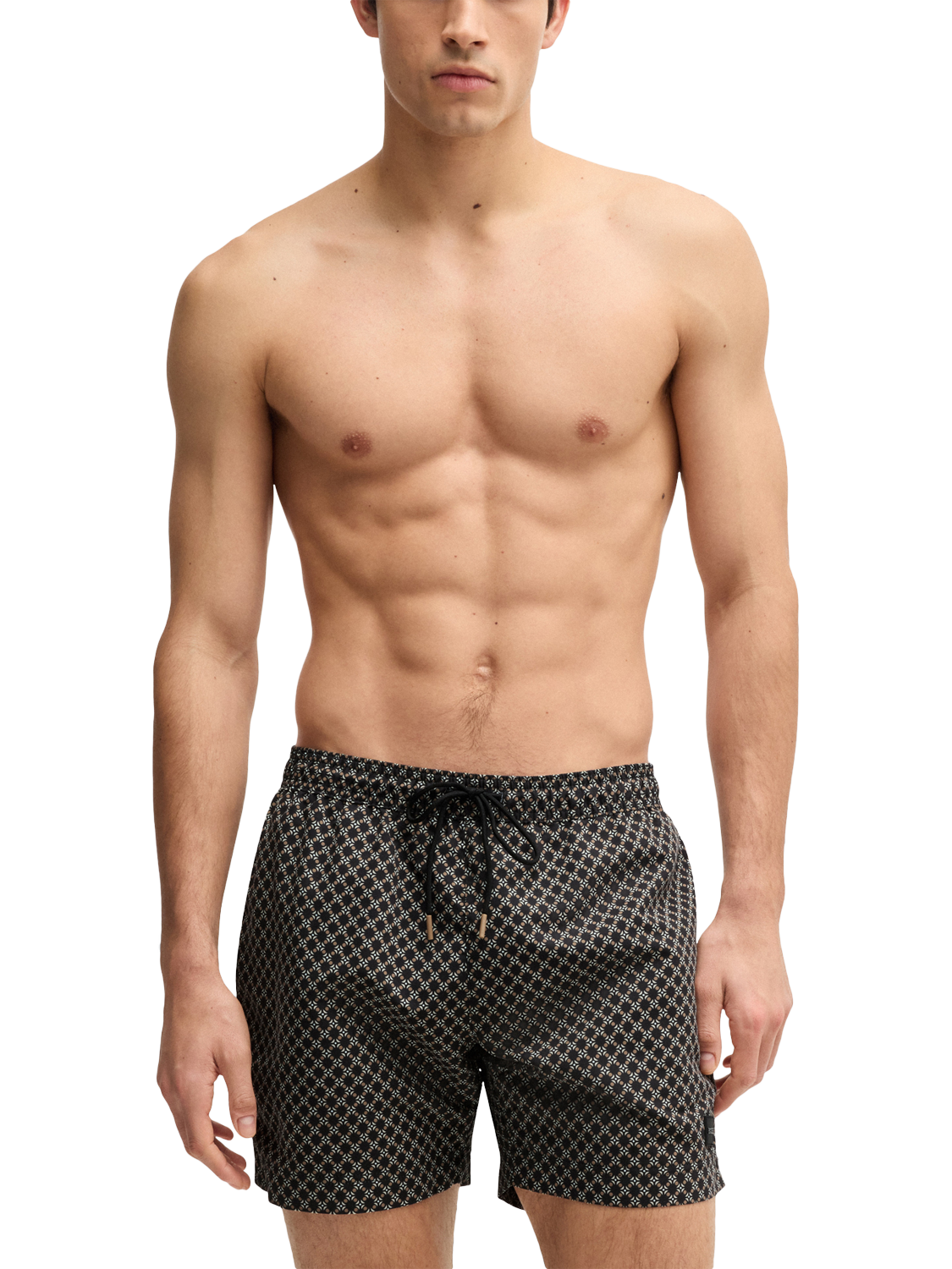 Product image 1 of 4, which shows BOSS Geometric Print Swim Shorts, Black/Multi, M