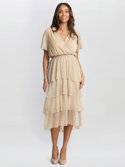 Gina Bacconi Cheri Metallic Knit Tiered Dress, Gold/Silver, Gold/Silver