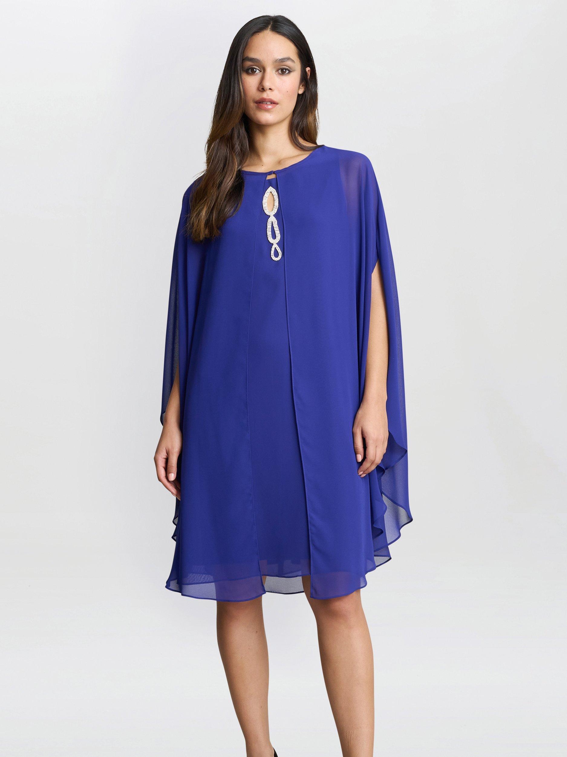 Product image 1 of 6, which shows Gina Bacconi Laura Chiffon Cape & Beaded Neck Dress, Iris, 12