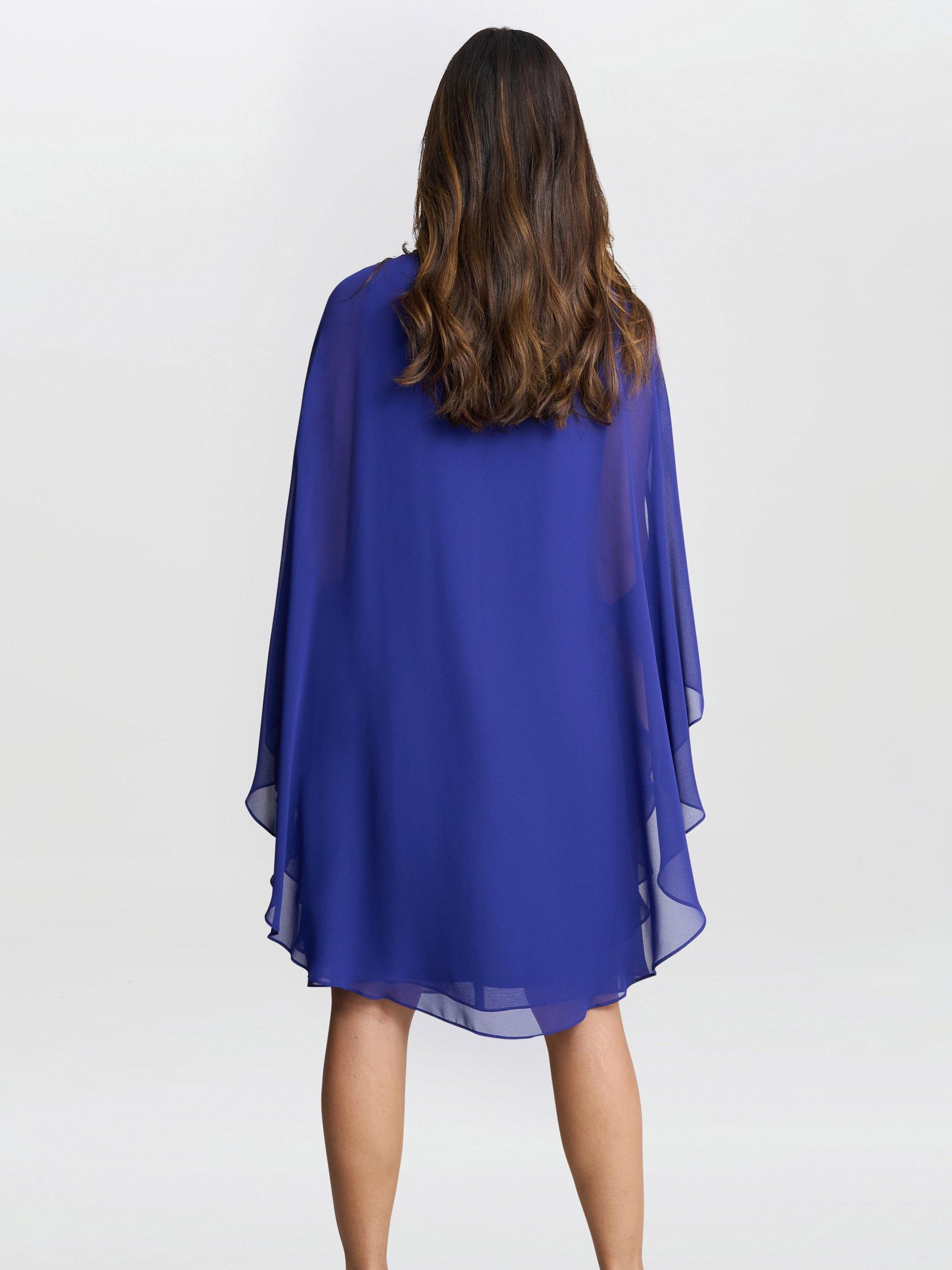 Product image 2 of 6, which shows Gina Bacconi Laura Chiffon Cape & Beaded Neck Dress, Iris, 12