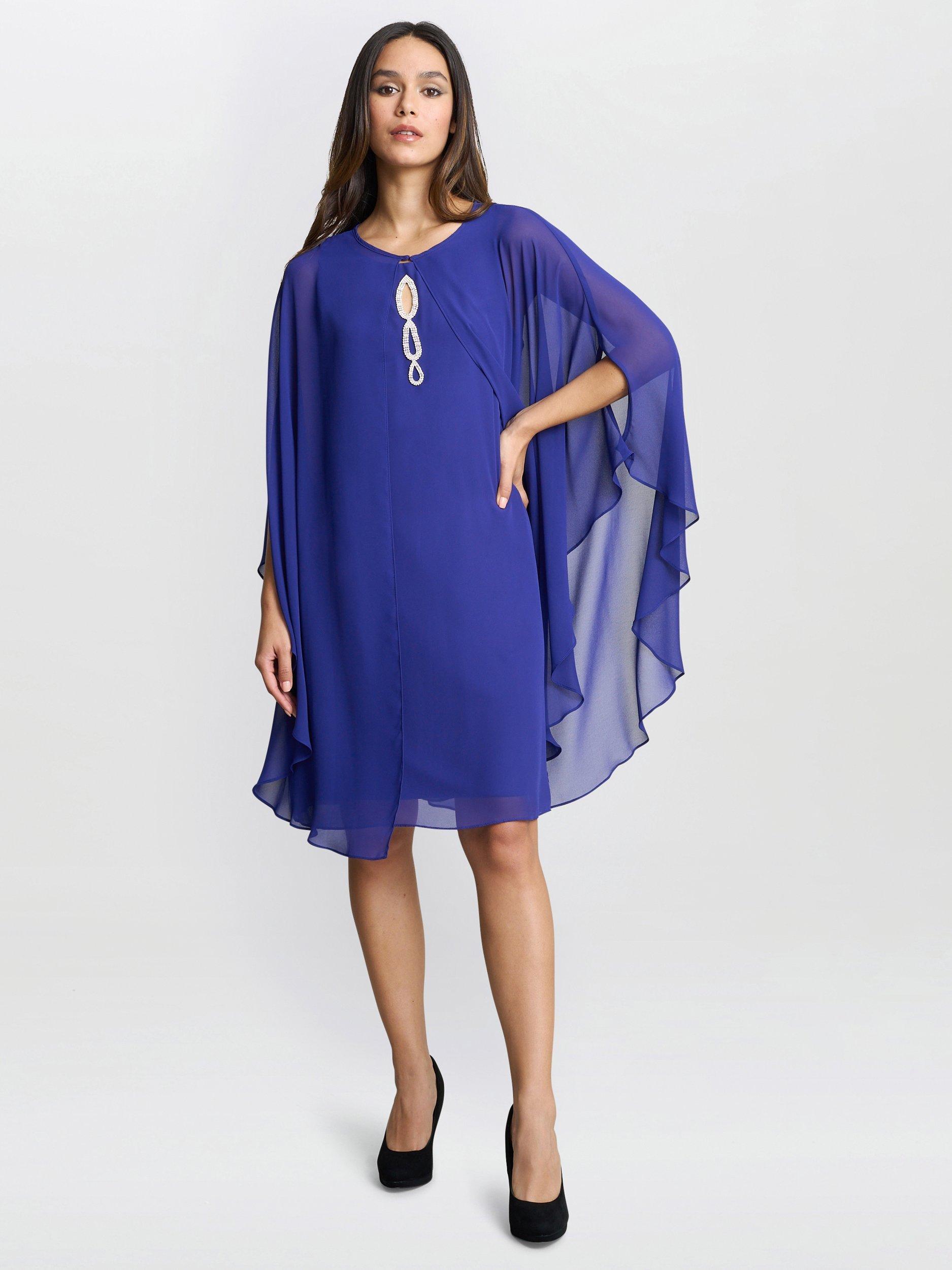 Product image 3 of 6, which shows Gina Bacconi Laura Chiffon Cape & Beaded Neck Dress, Iris, 12