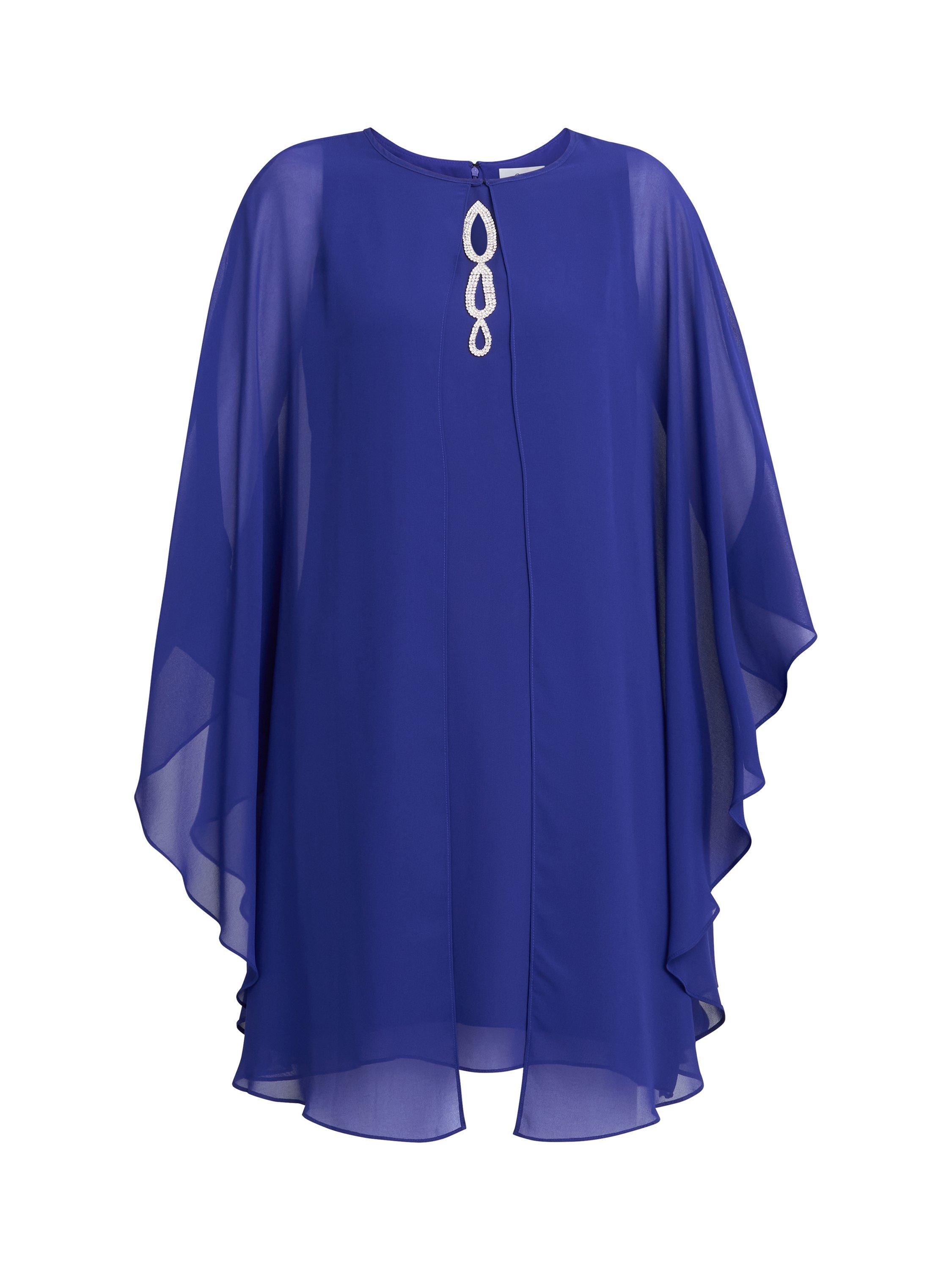Product image 4 of 6, which shows Gina Bacconi Laura Chiffon Cape & Beaded Neck Dress, Iris, 12
