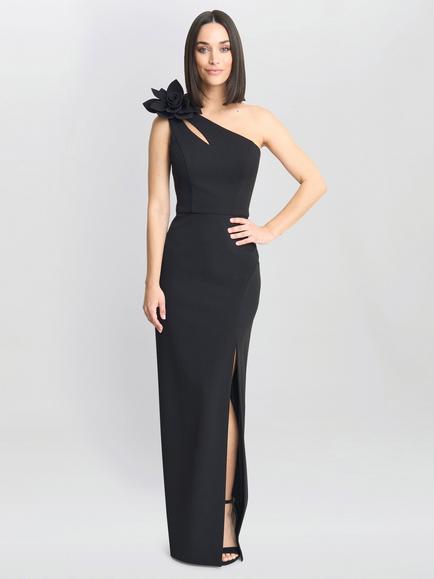 Gina Bacconi Portia Flower Asymmetric Dress, Black - view 2, Black