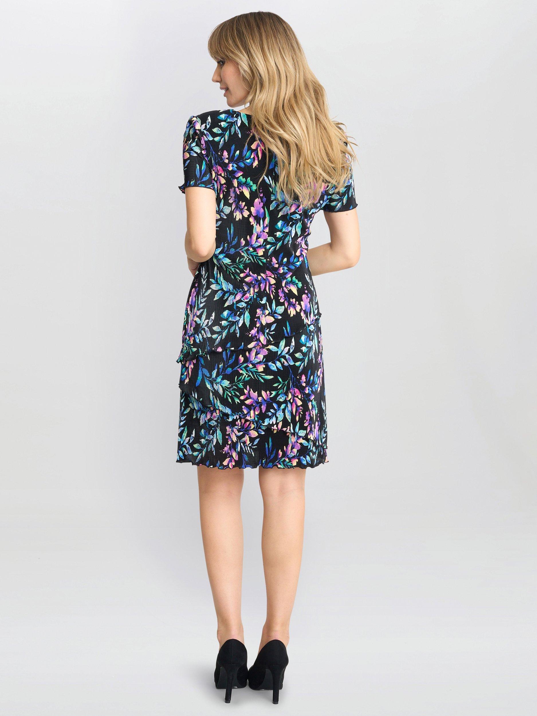 Product image 2 of 5, which shows Gina Bacconi Rowan Floral Plisse Tiered Dress, Black/Multi, 8