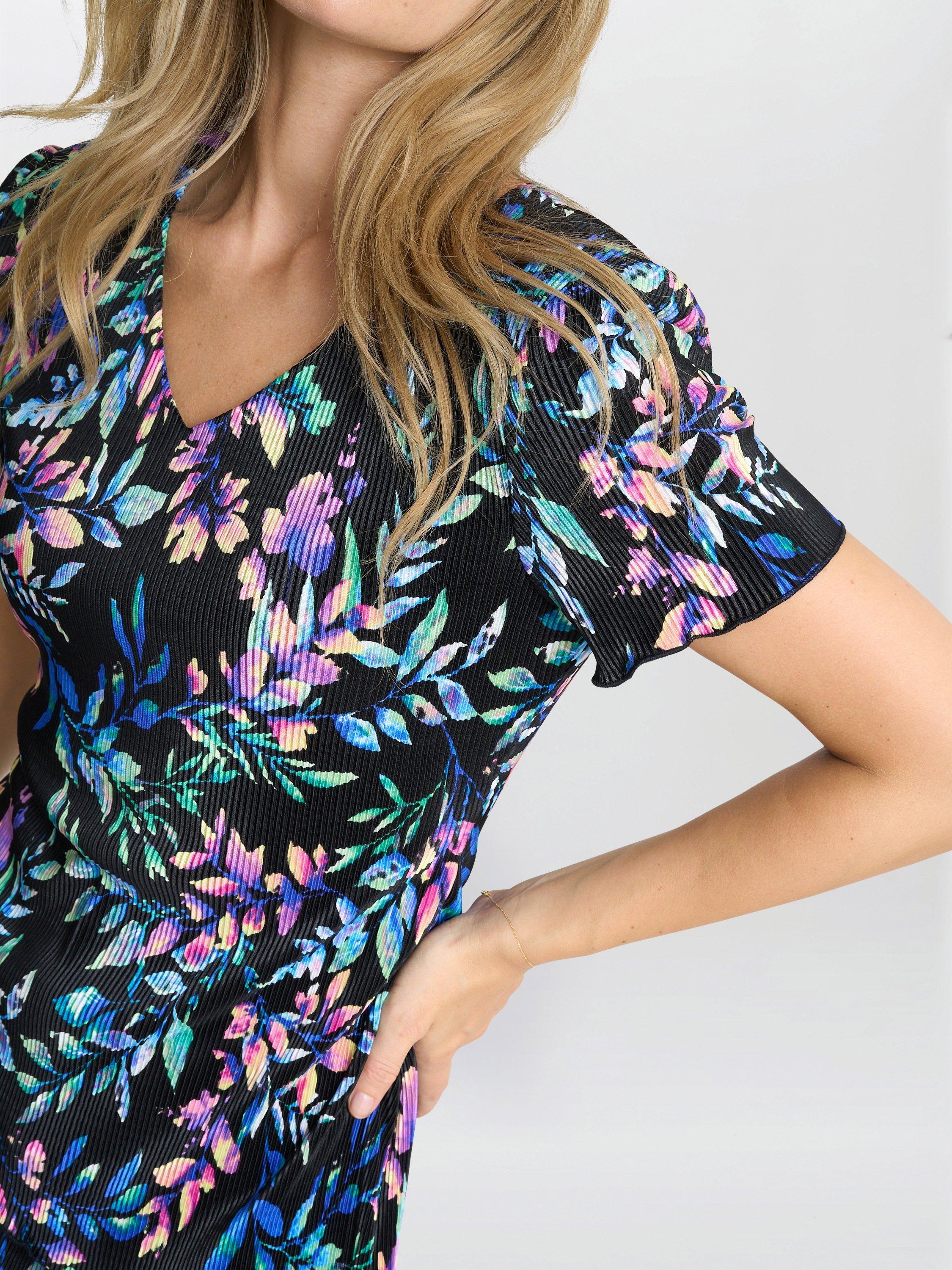 Product image 5 of 5, which shows Gina Bacconi Rowan Floral Plisse Tiered Dress, Black/Multi, 8