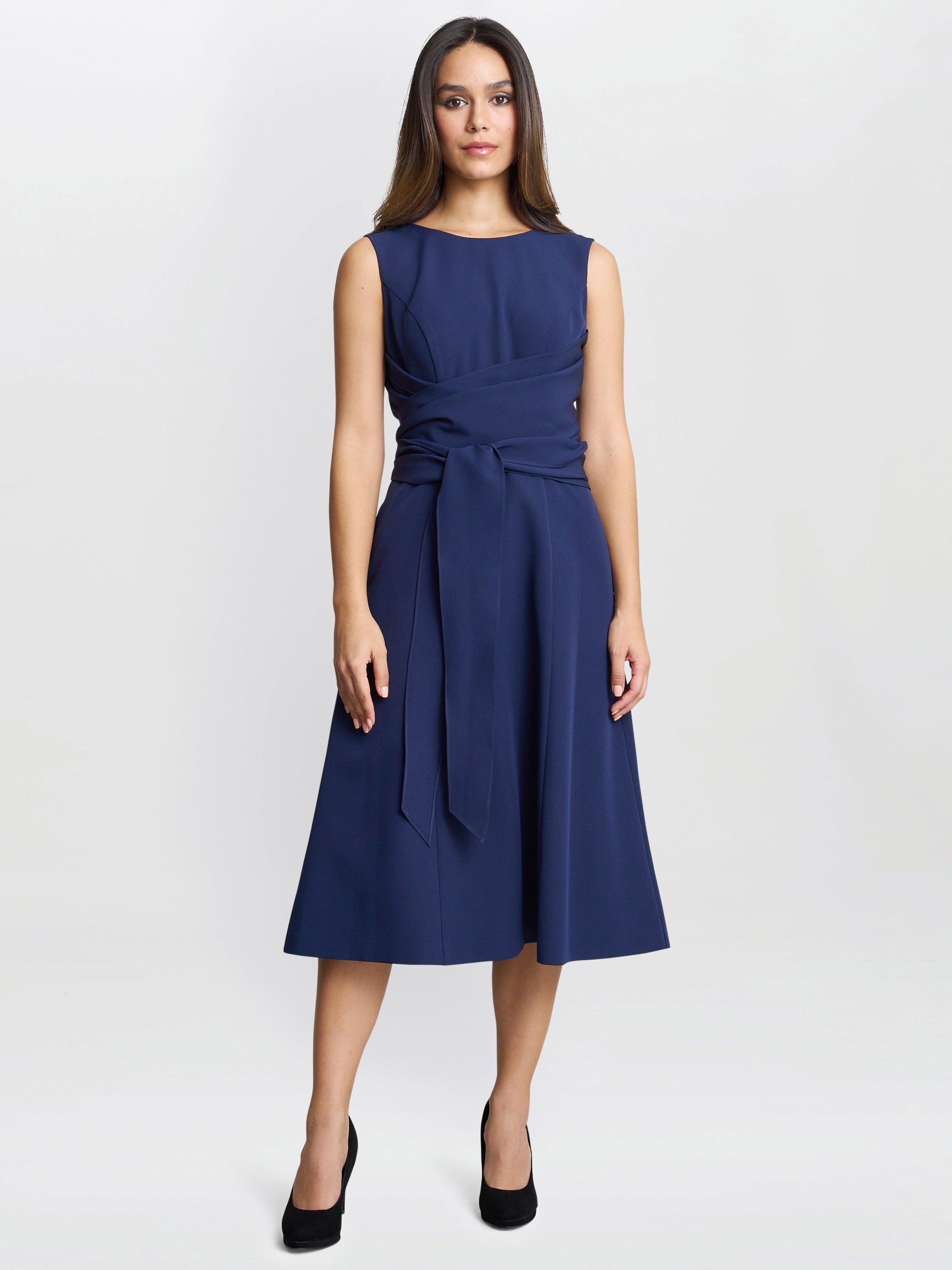 Product image 1 of 5, which shows Gina Bacconi Cathleen Crepe Tie Waist Dress, Navy, 10