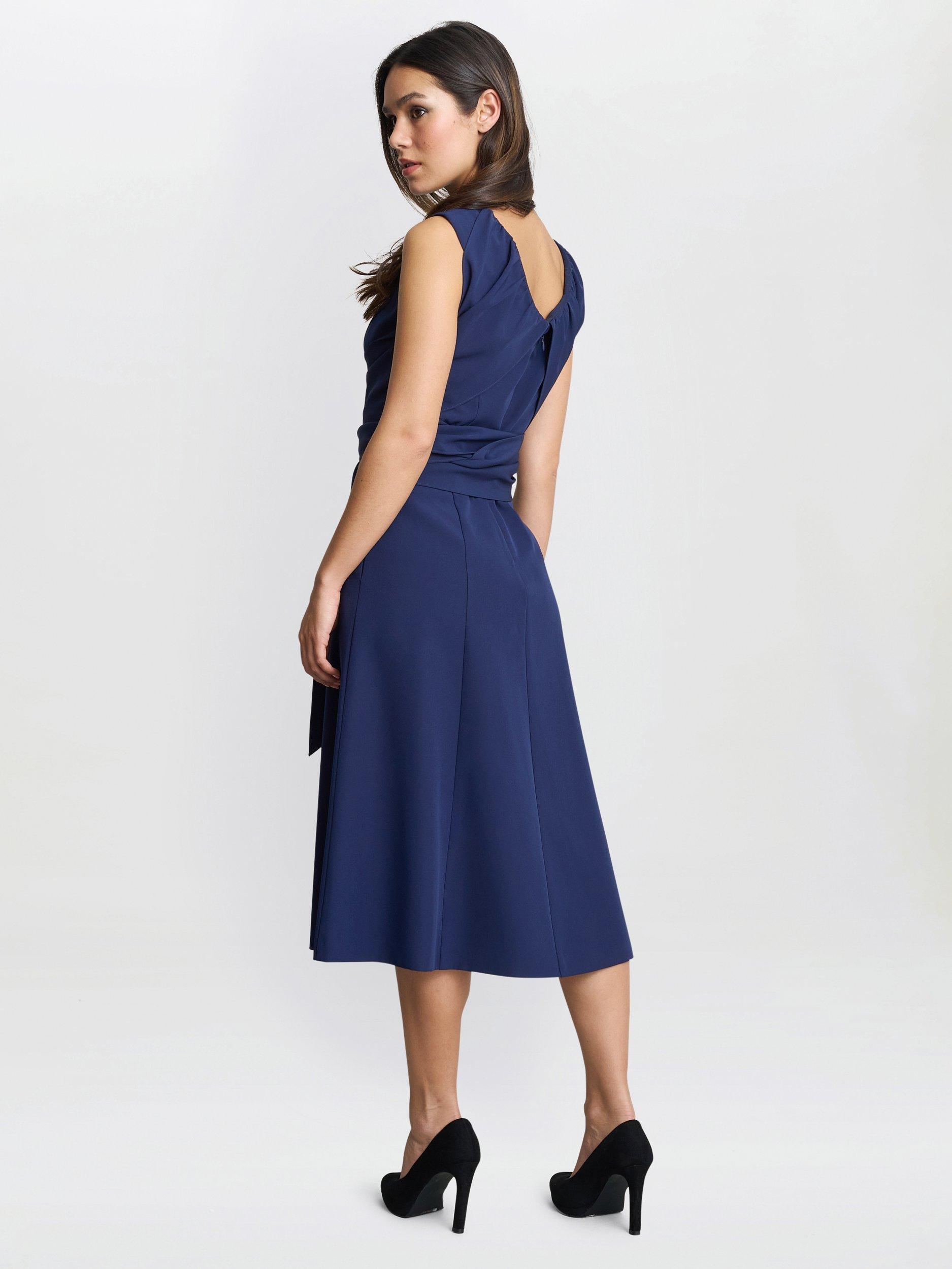 Product image 2 of 5, which shows Gina Bacconi Cathleen Crepe Tie Waist Dress, Navy, 10