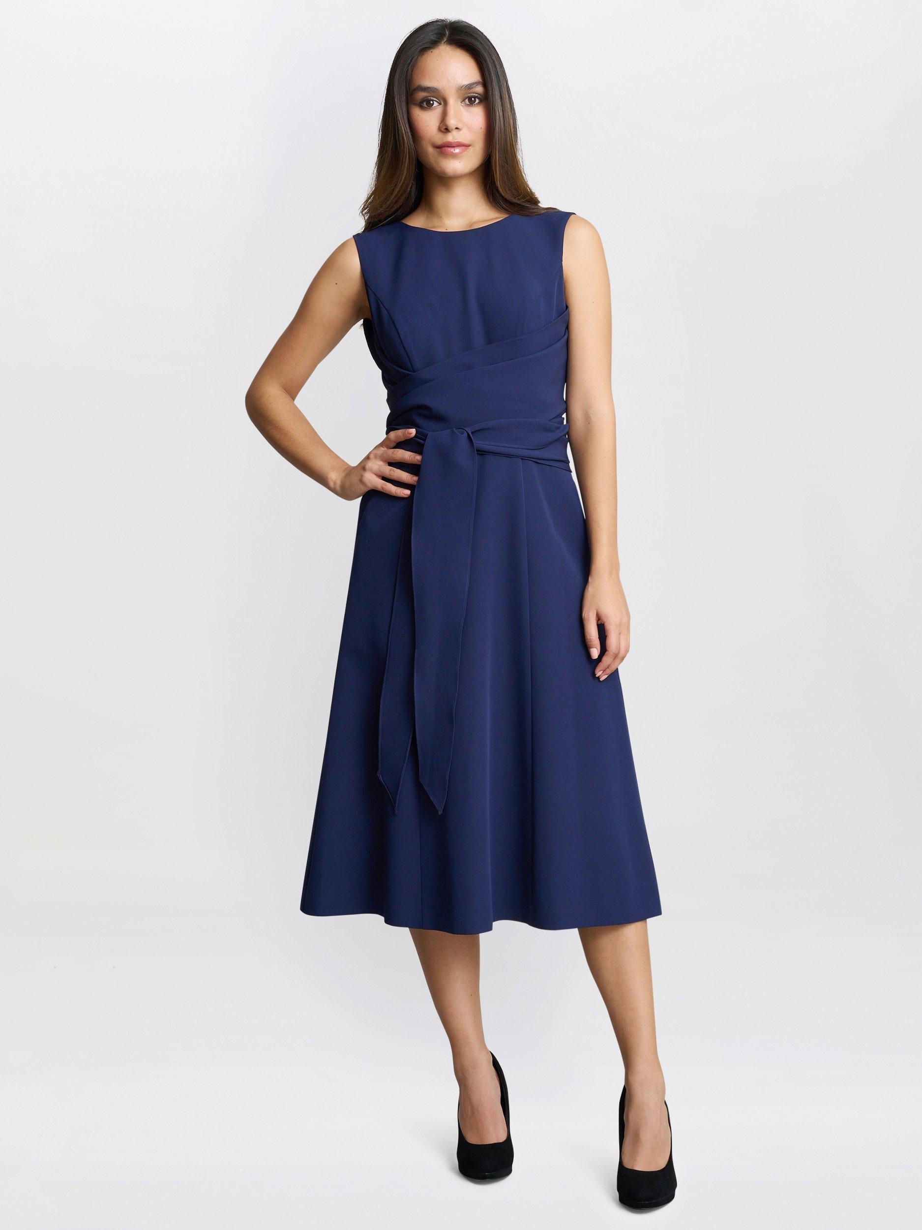 Product image 3 of 5, which shows Gina Bacconi Cathleen Crepe Tie Waist Dress, Navy, 10