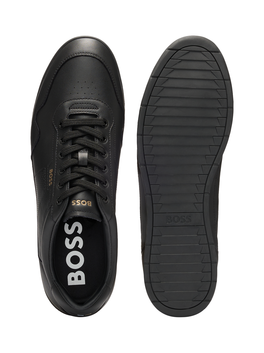Product image 2 of 4, which shows BOSS Nappa Leather Perforated Detail Trainers, Black, 8