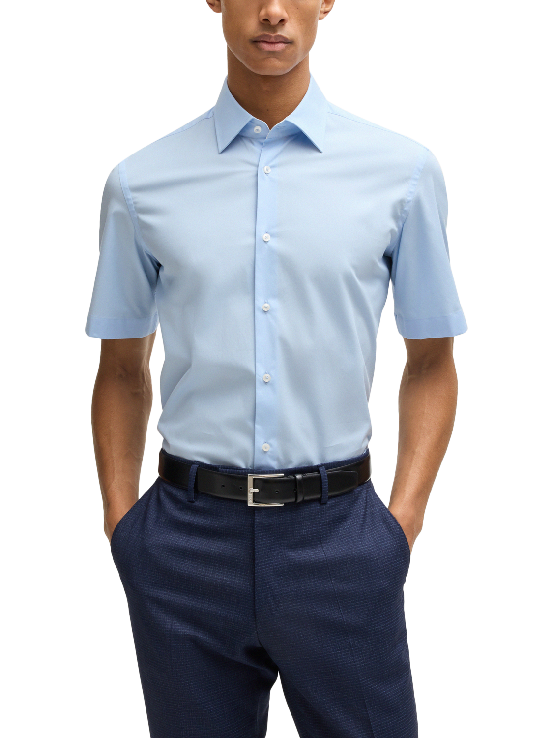 Product image 1 of 6, which shows BOSS Cotton Blend Regular Fit Short Sleeve Shirt, Light/Pastel Blue, 15