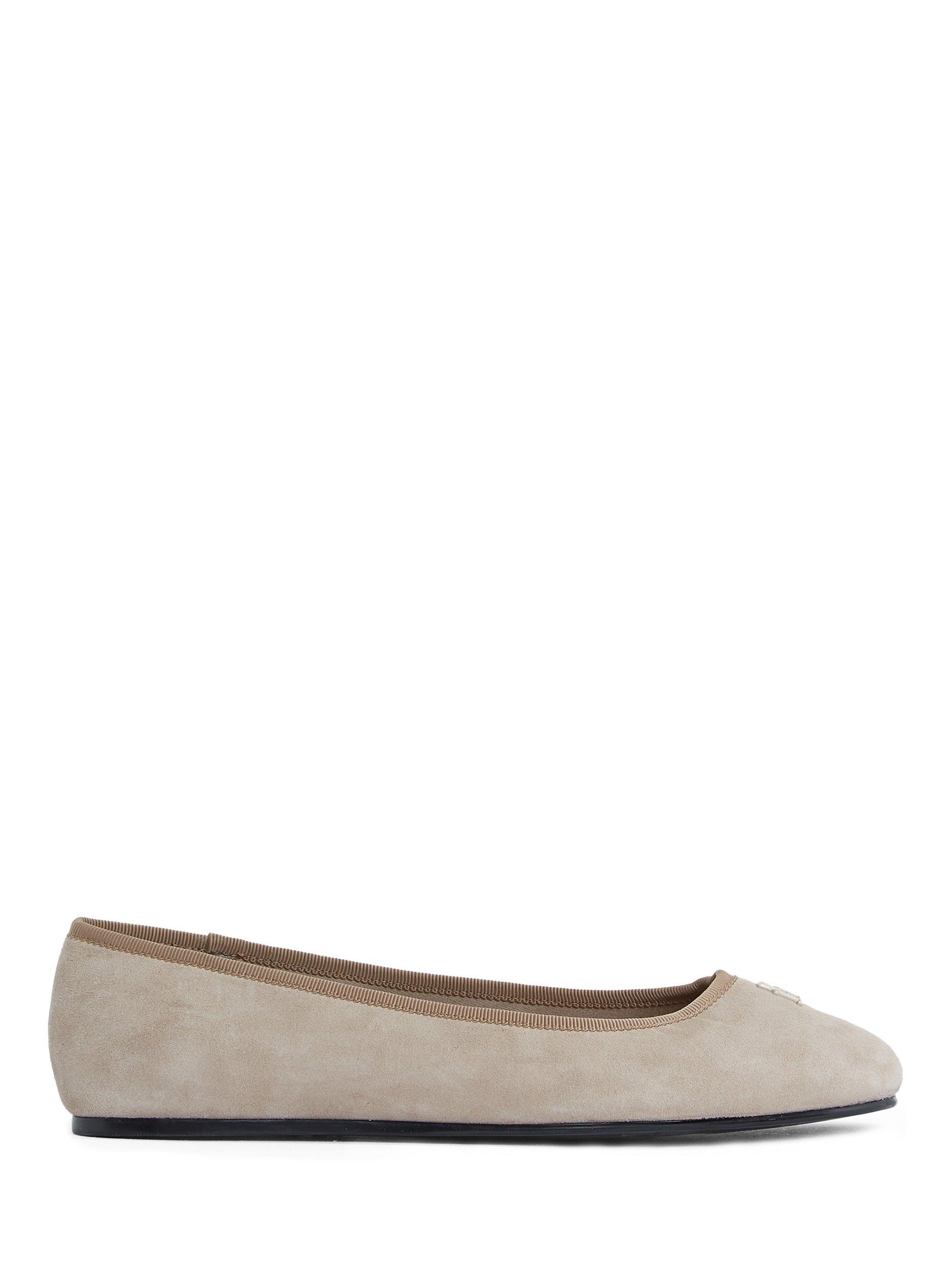 Product image 1 of 6, which shows Tommy Hilfiger TH Monogram Suede Ballerina Pumps, Coastal Taupe, EU36