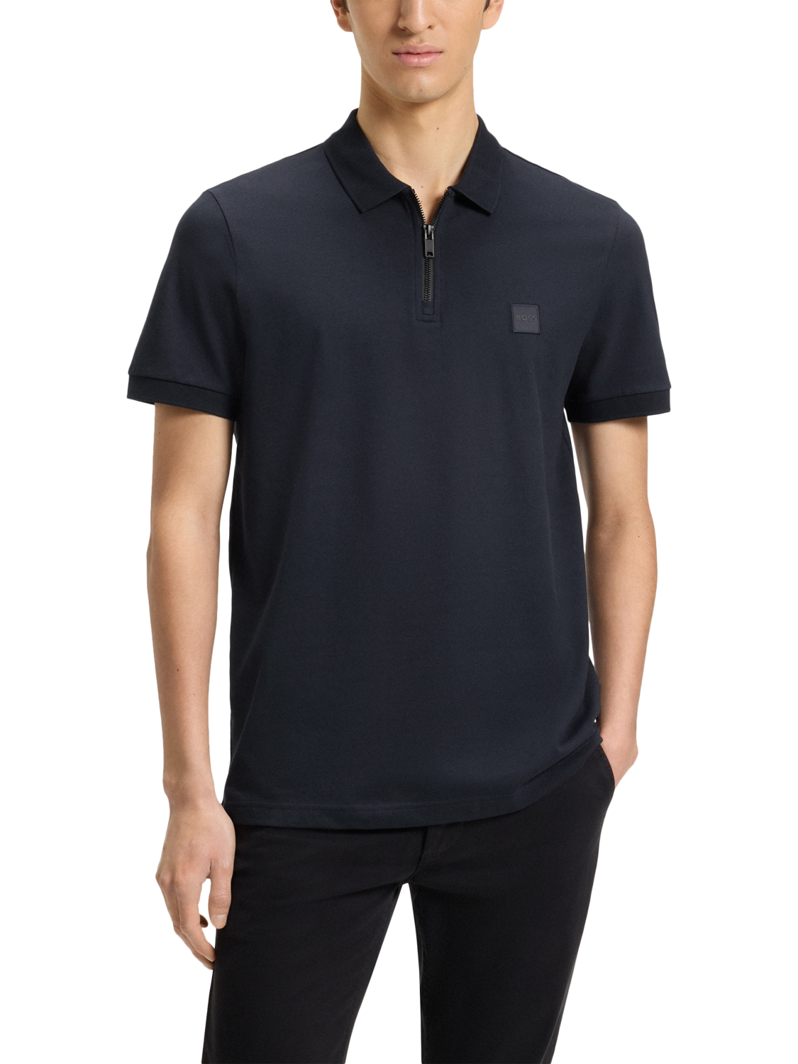 Product image 1 of 5, which shows HUGO BOSS BOSS Half Zip Cotton Blend Polo Shirt, Dark Blue, M