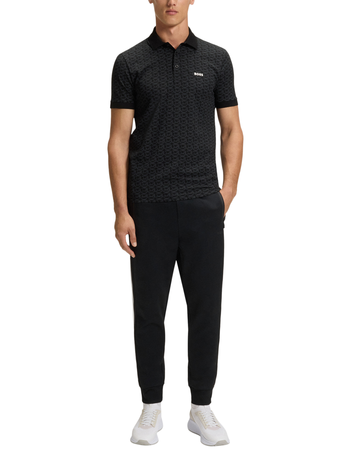 Product image 3 of 5, which shows BOSS Logo Print Cotton Blend Polo Shirt, Black/Multi, M