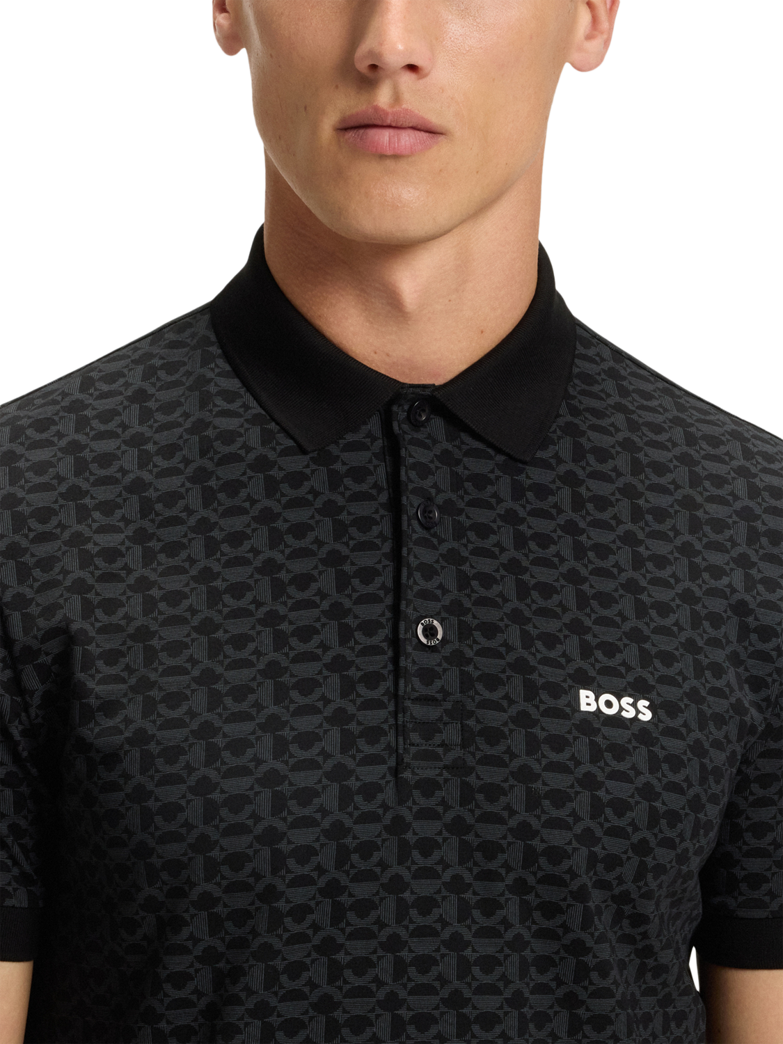 Product image 5 of 5, which shows BOSS Logo Print Cotton Blend Polo Shirt, Black/Multi, M