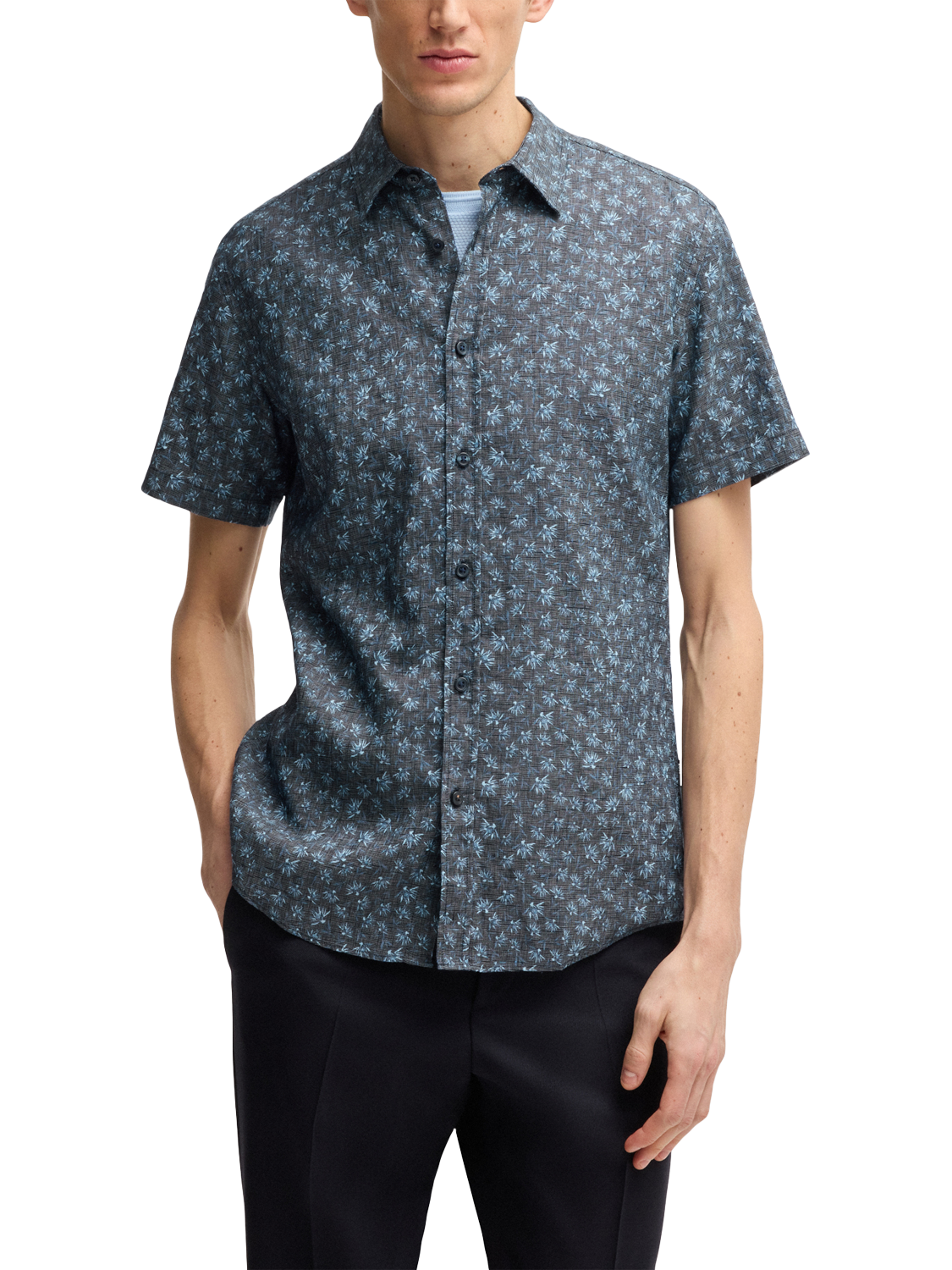 Product image 1 of 6, which shows BOSS Linen Blend Slim Fit Floral Shirt, Dark Blue, S